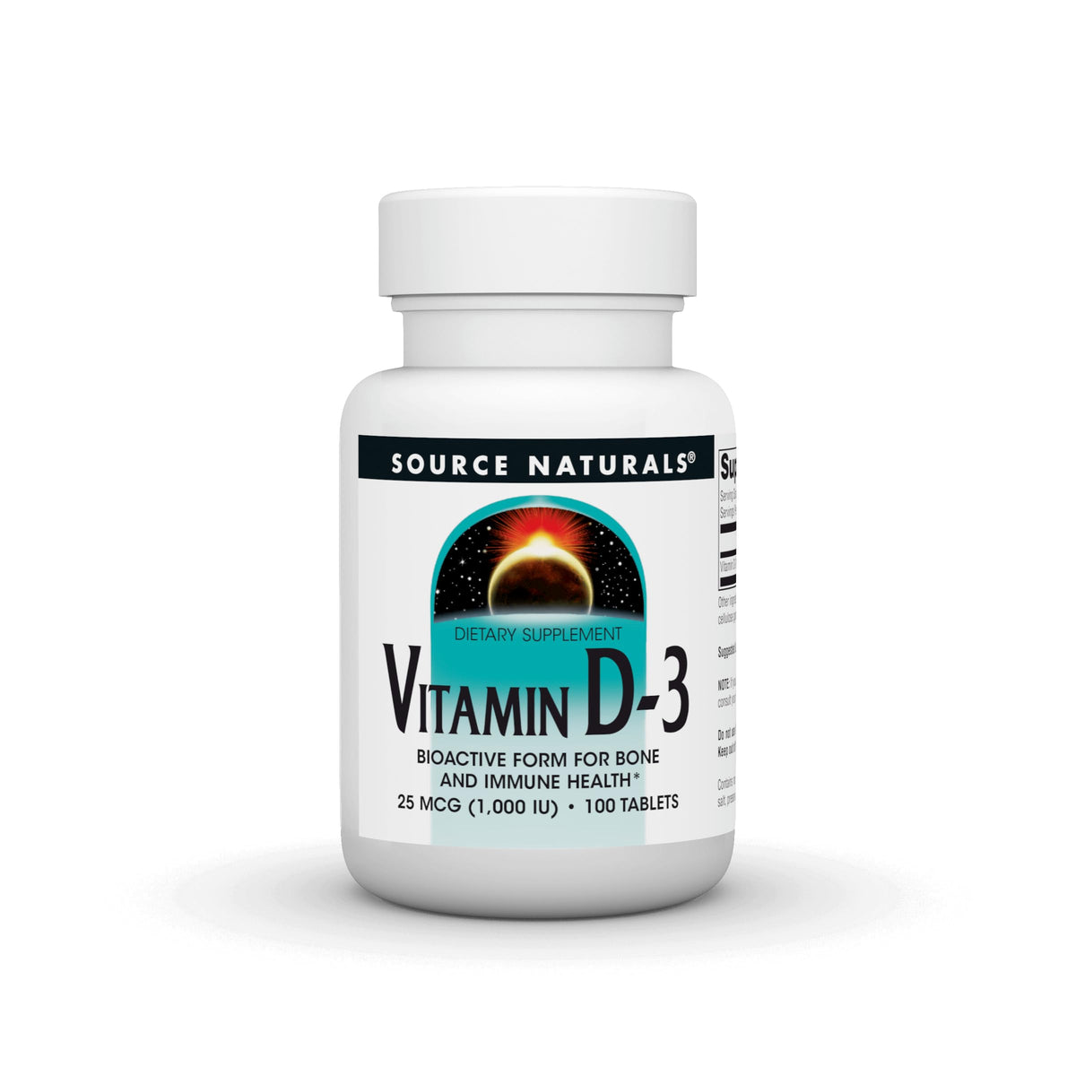 Source Naturals Vitamine D-3 1000 UI: bouteille montrant les comprimés et le soutien potentiel des os