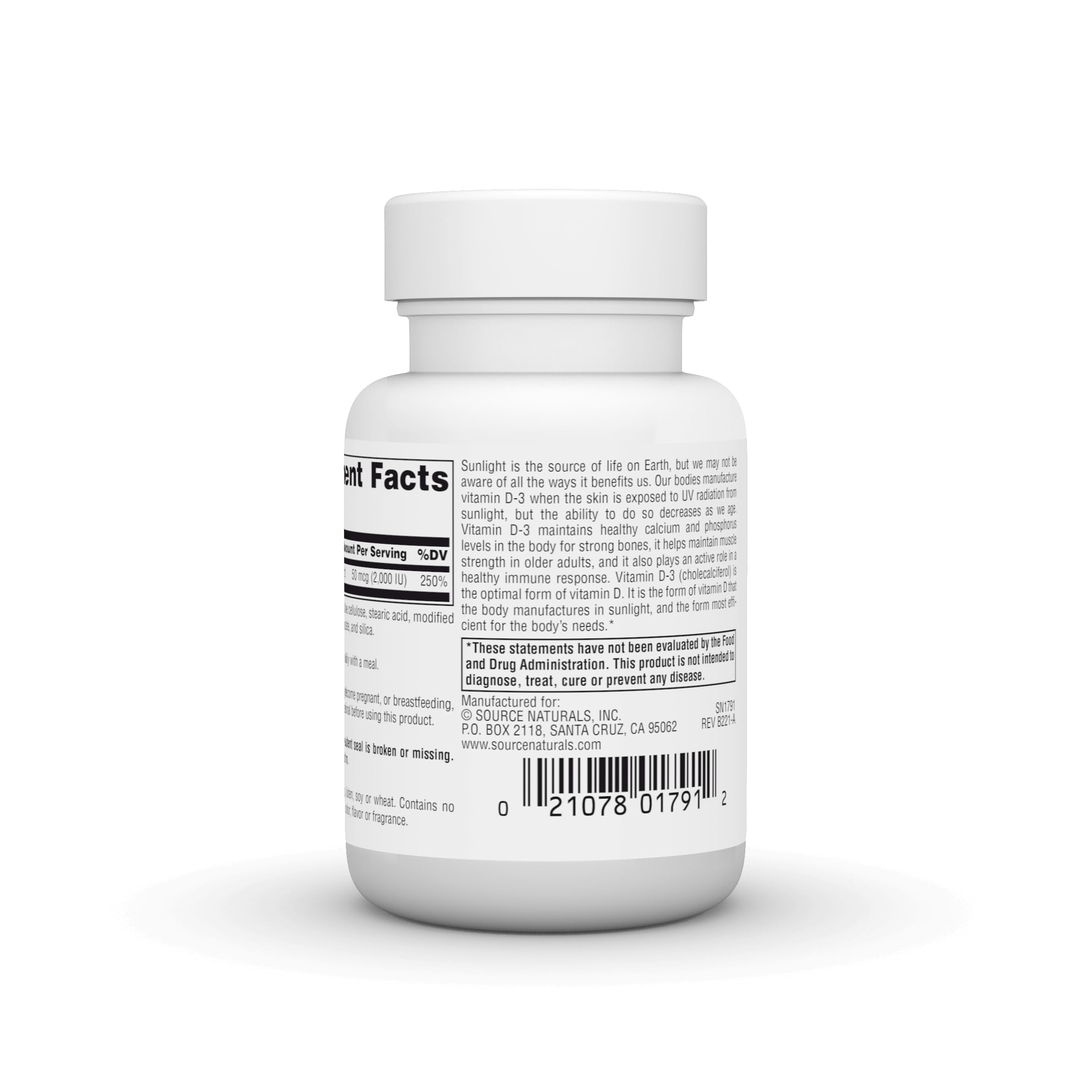 Source Naturals Vitamine D-3: étiquette lisible et informations de formulation