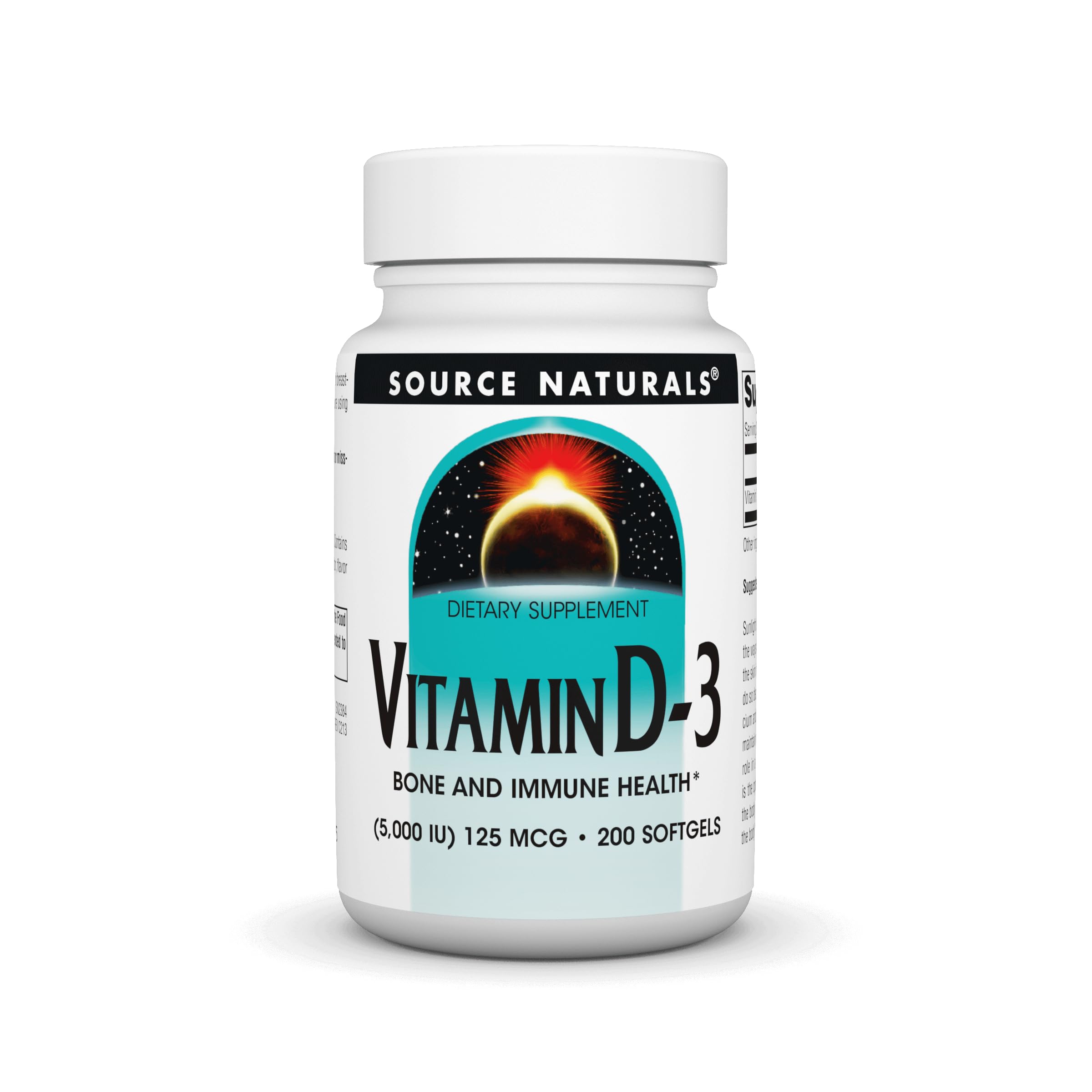 Source Naturals Vitamine D-3 – bouteille avec capsules molles pour soutenir les os.
