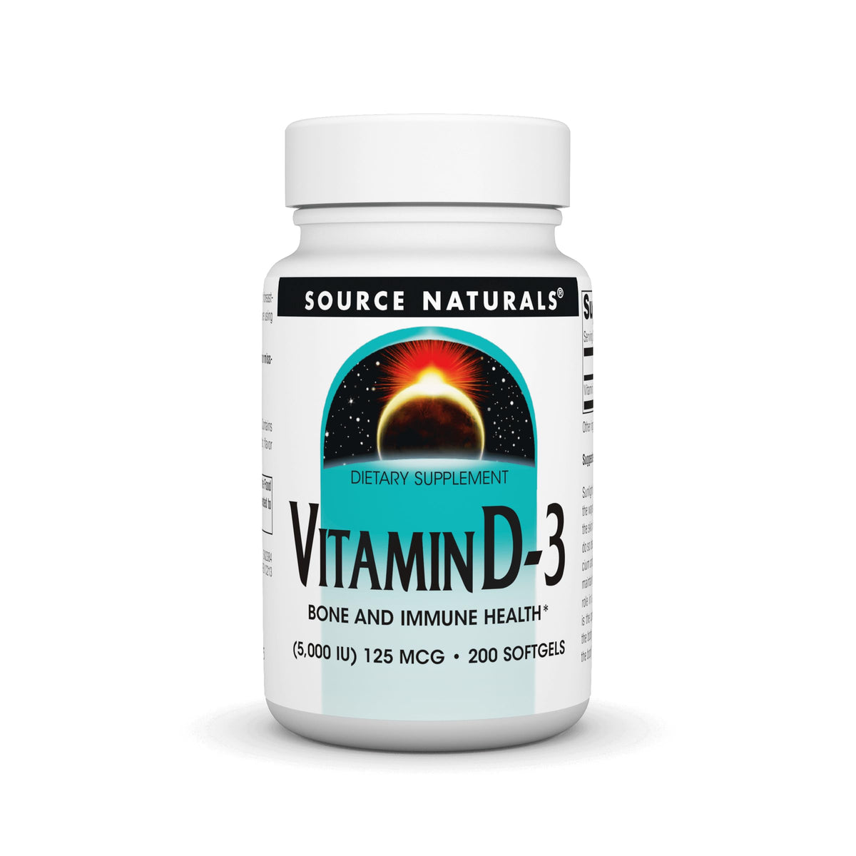 Source Naturals Vitamine D-3 – bouteille avec capsules molles pour soutenir les os.