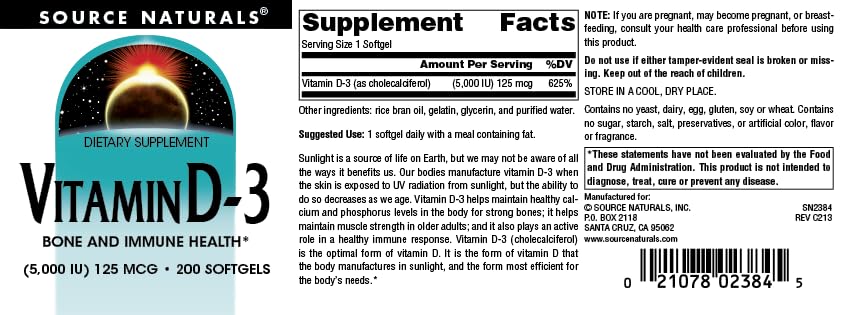 Source Naturals Vitamine D-3 – bouchon et flacon, fabriqué aux États‑Unis.