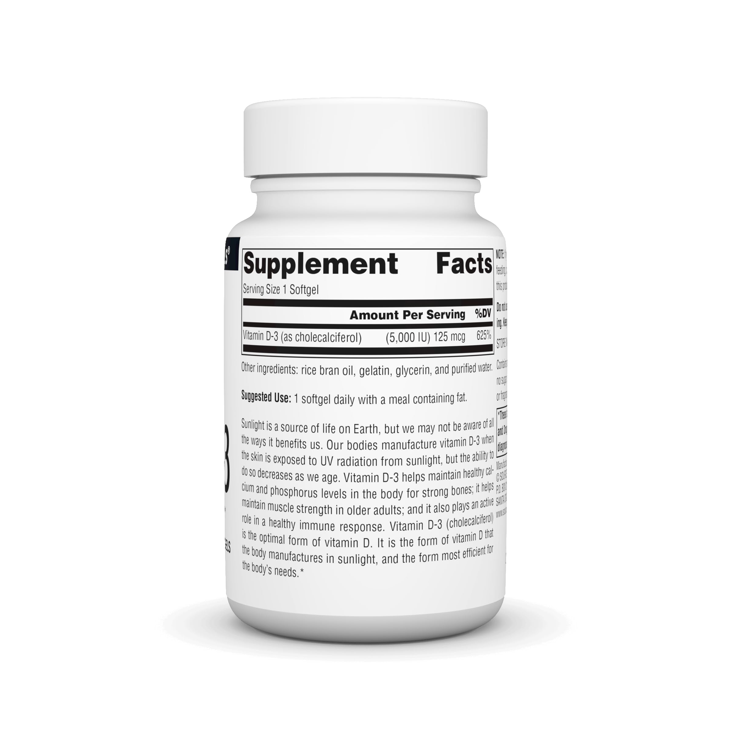 Source Naturals Vitamine D-3 – étiquette lisible décrivant l’apport journalier recommandé.