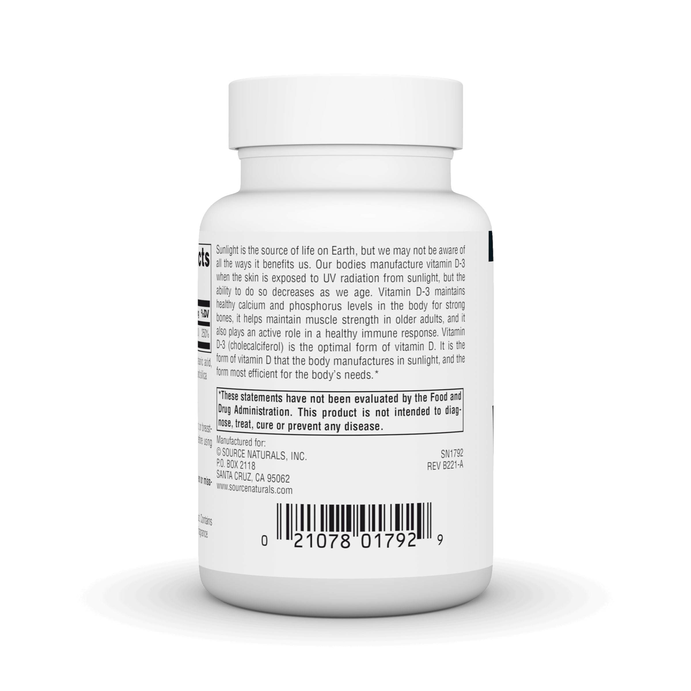 Source Naturals Vitamine D-3, forme active, absorption facilitée.