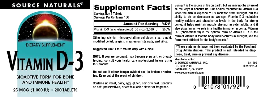 Source Naturals Vitamine D-3, sans allergènes, capsules faciles à avaler.