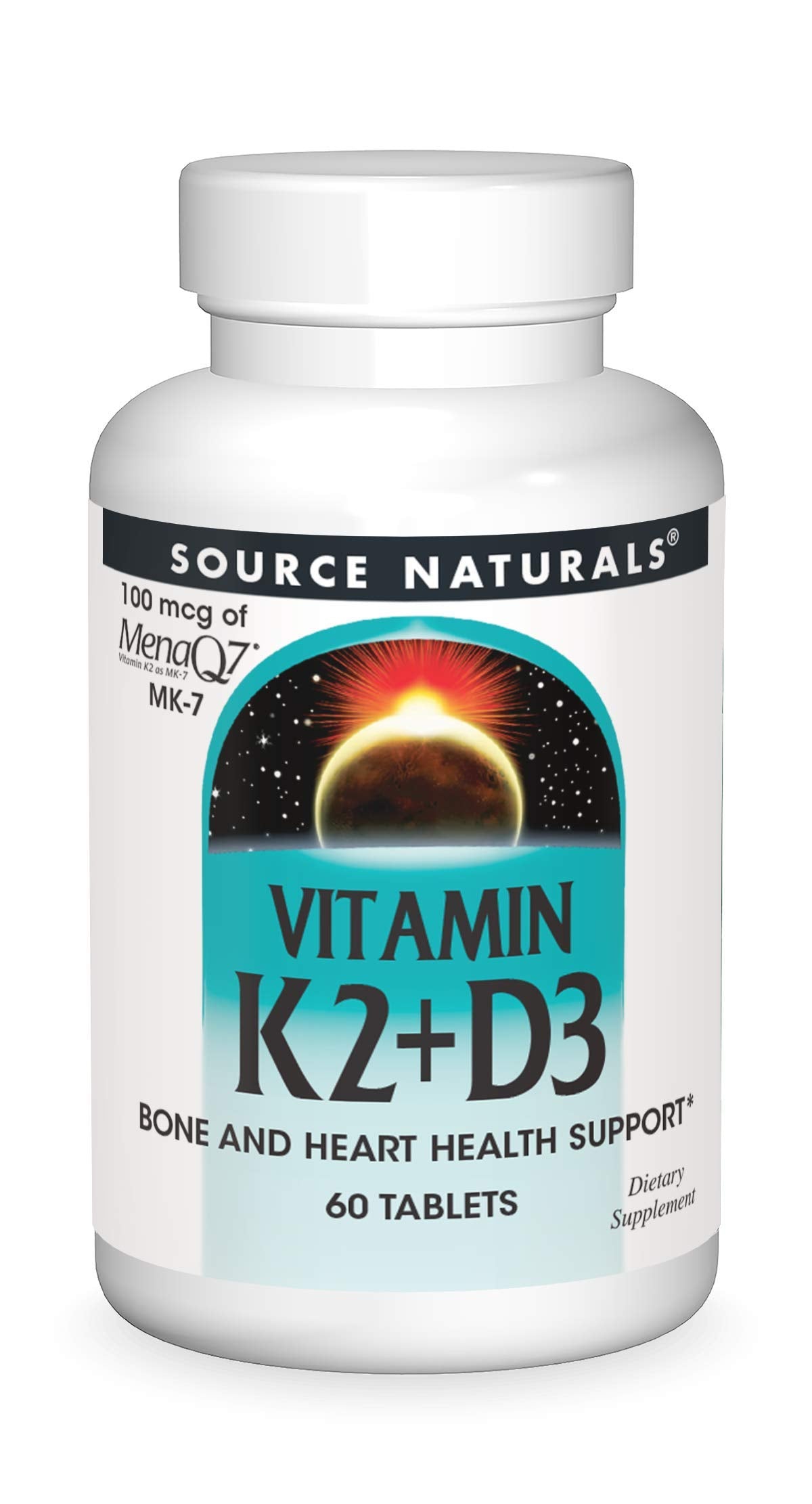 Source Naturals Vitamine K2+D3 – bouteille affichant le dosage, soutien potentiel des os et du cœur.