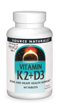Source Naturals Vitamine K2+D3 – bouteille affichant le dosage, soutien potentiel des os et du cœur.