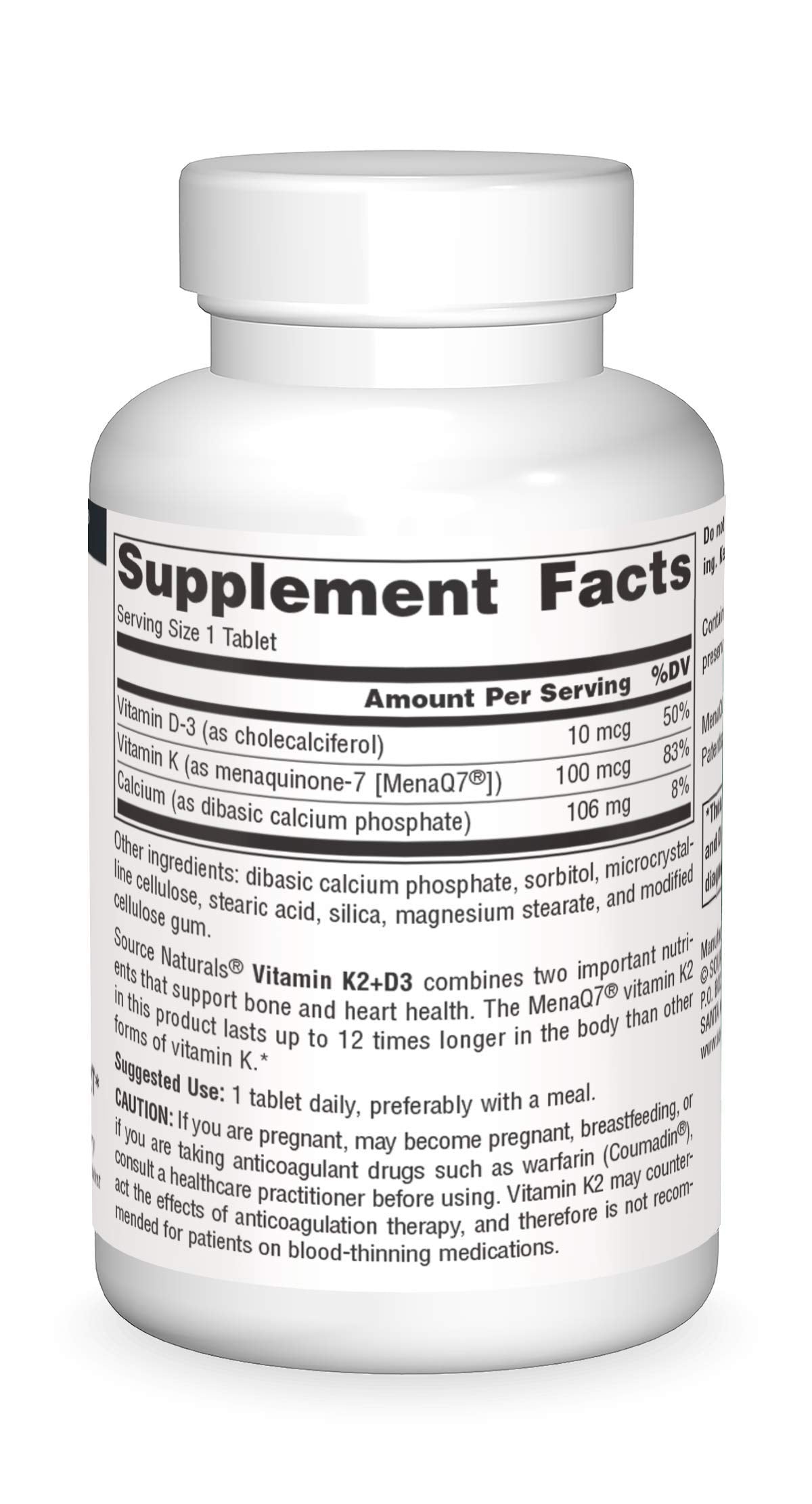 Source Naturals Vitamine K2+D3 – étiquette lisible sur la boîte, présentant la composition et les avantages.