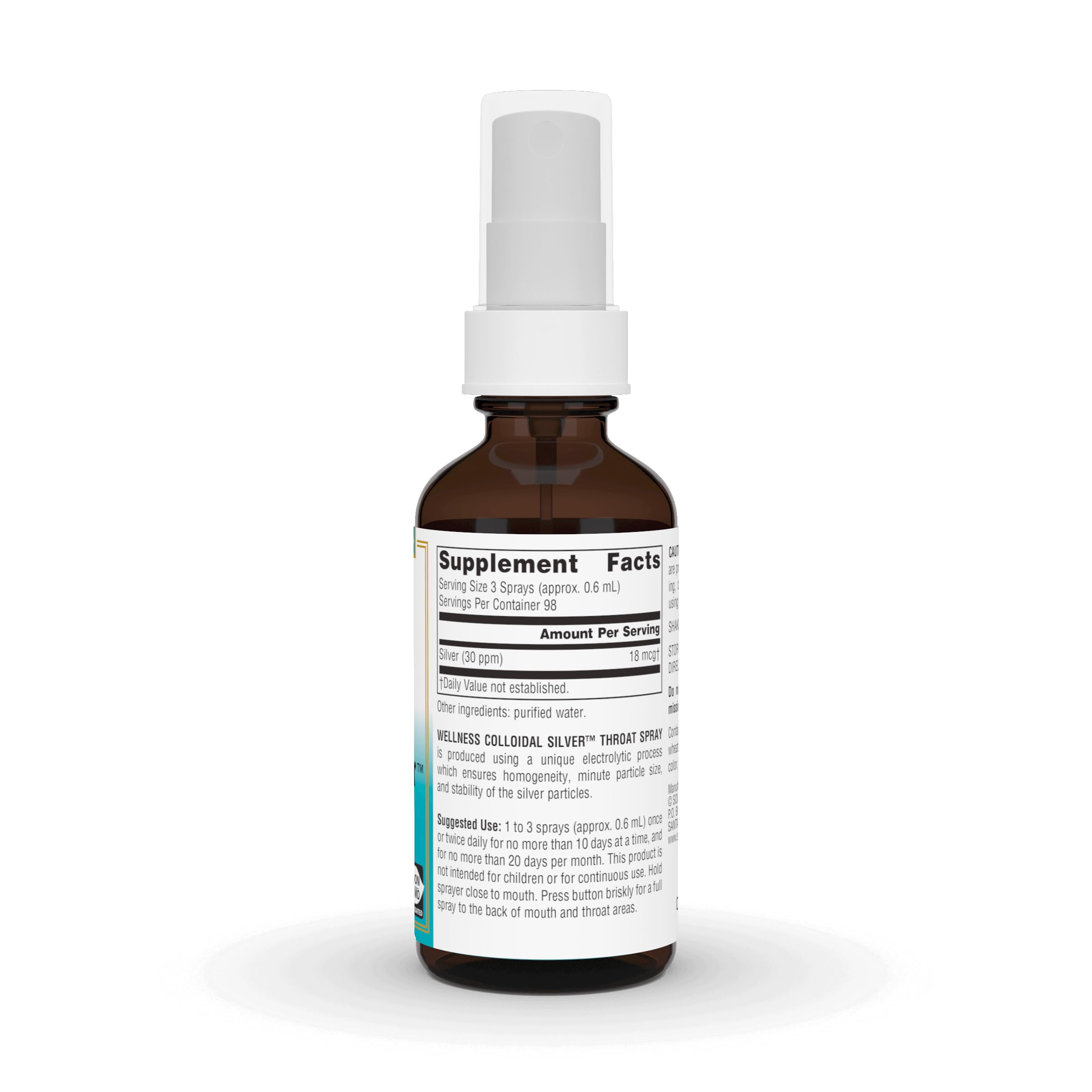 Source Naturals Wellness Colloidal Silver Throat Spray, emballage prêt à l’emploi et utilisation souple.
