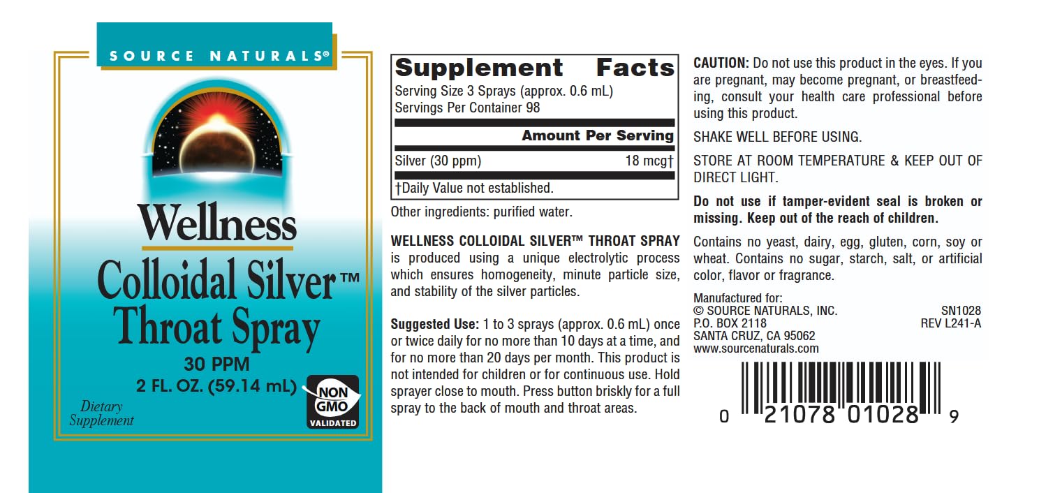 Source Naturals Wellness Colloidal Silver Throat Spray, vaporisateur près de la bouche pour application rapide.