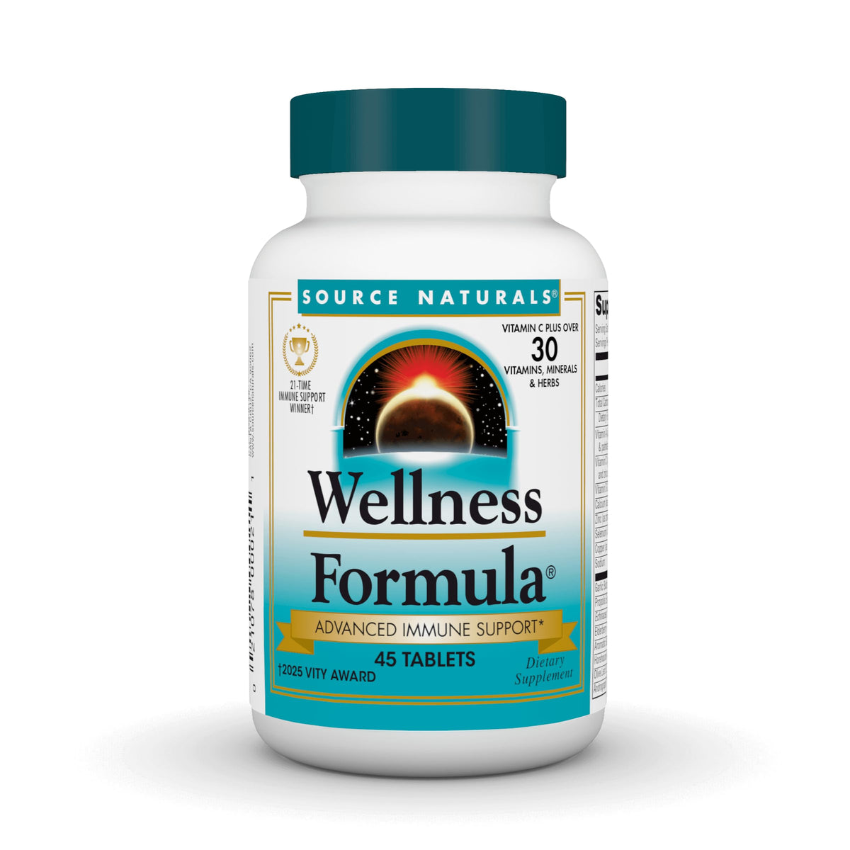 Source Naturals Wellness Formula, bouteille de comprimés, soutien immunitaire quotidien.