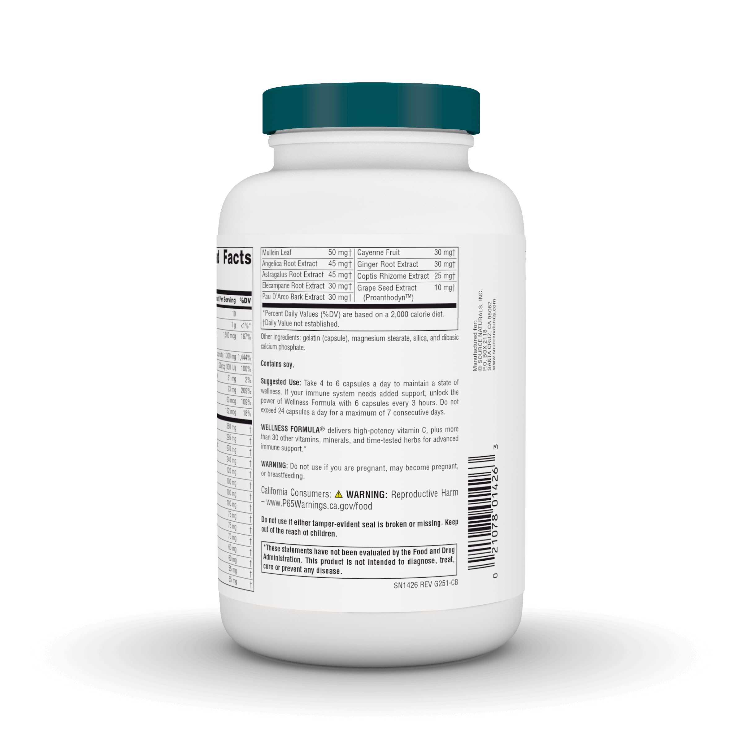Source Naturals Wellness Formula – etiquette lisible sur la bouteille, facilité d'utilisation.