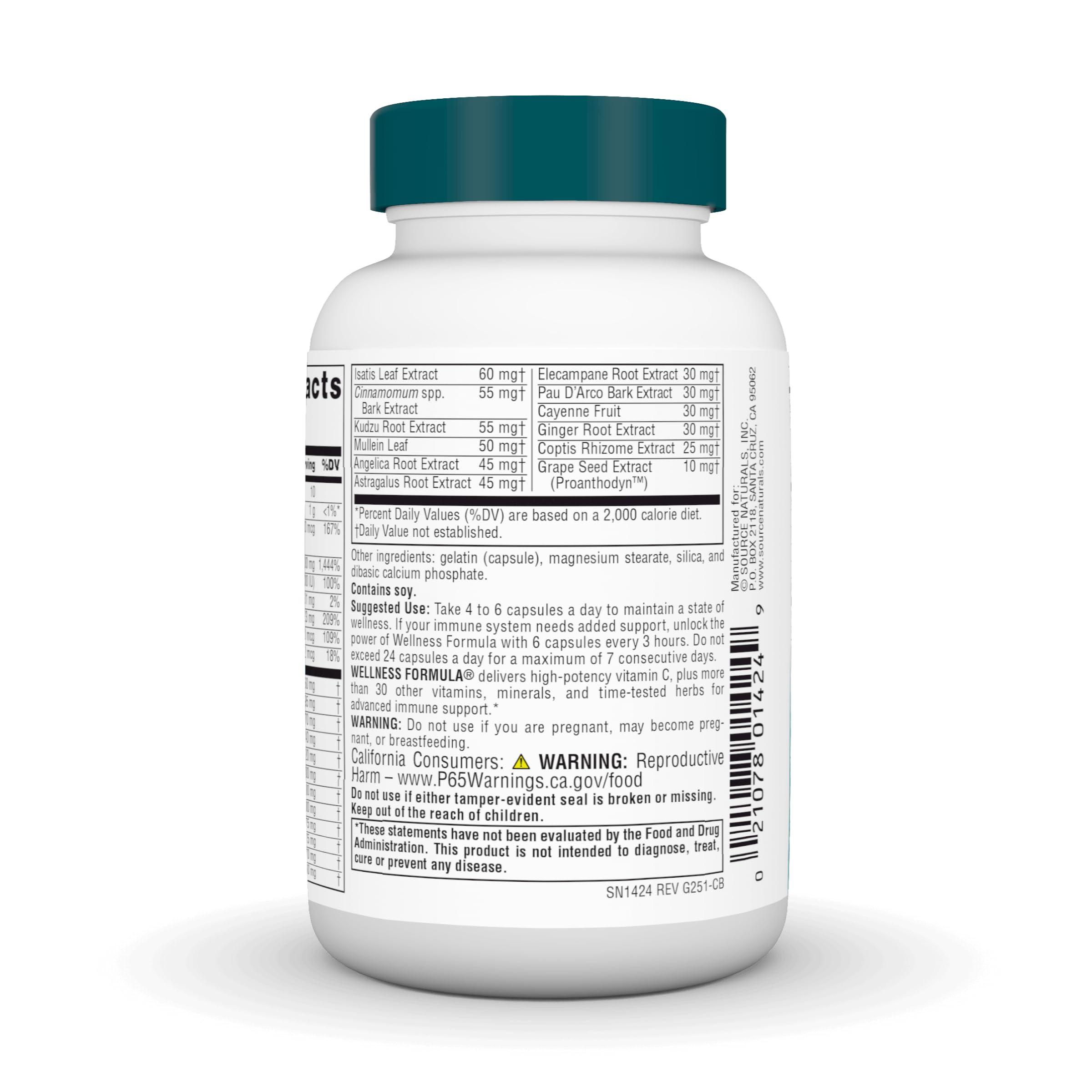 Source Naturals Wellness Formula : étiquette claire facilitant le choix des ingrédients.