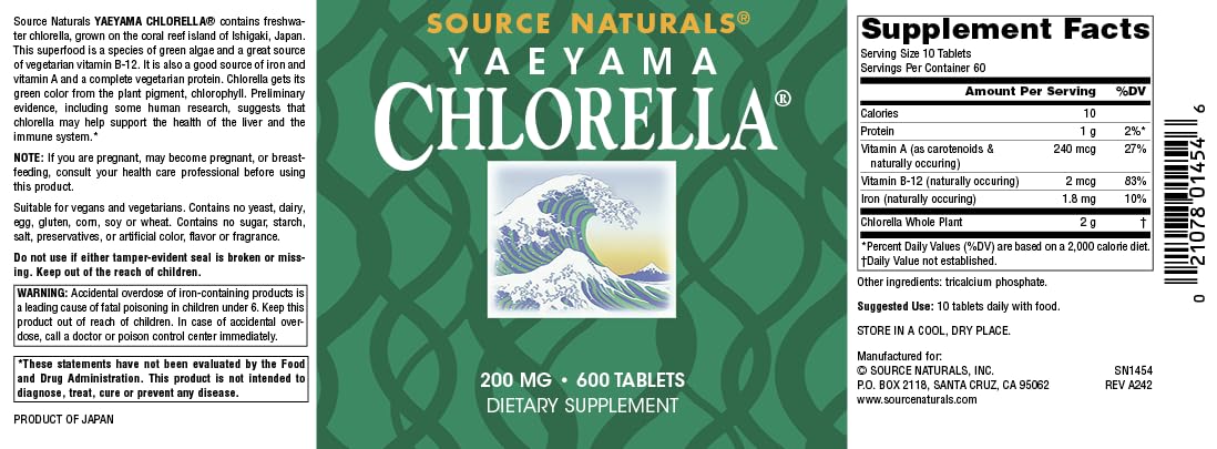 Étiquette claire Source Naturals Yaeyama Chlorella pour vérifier les ingrédients.