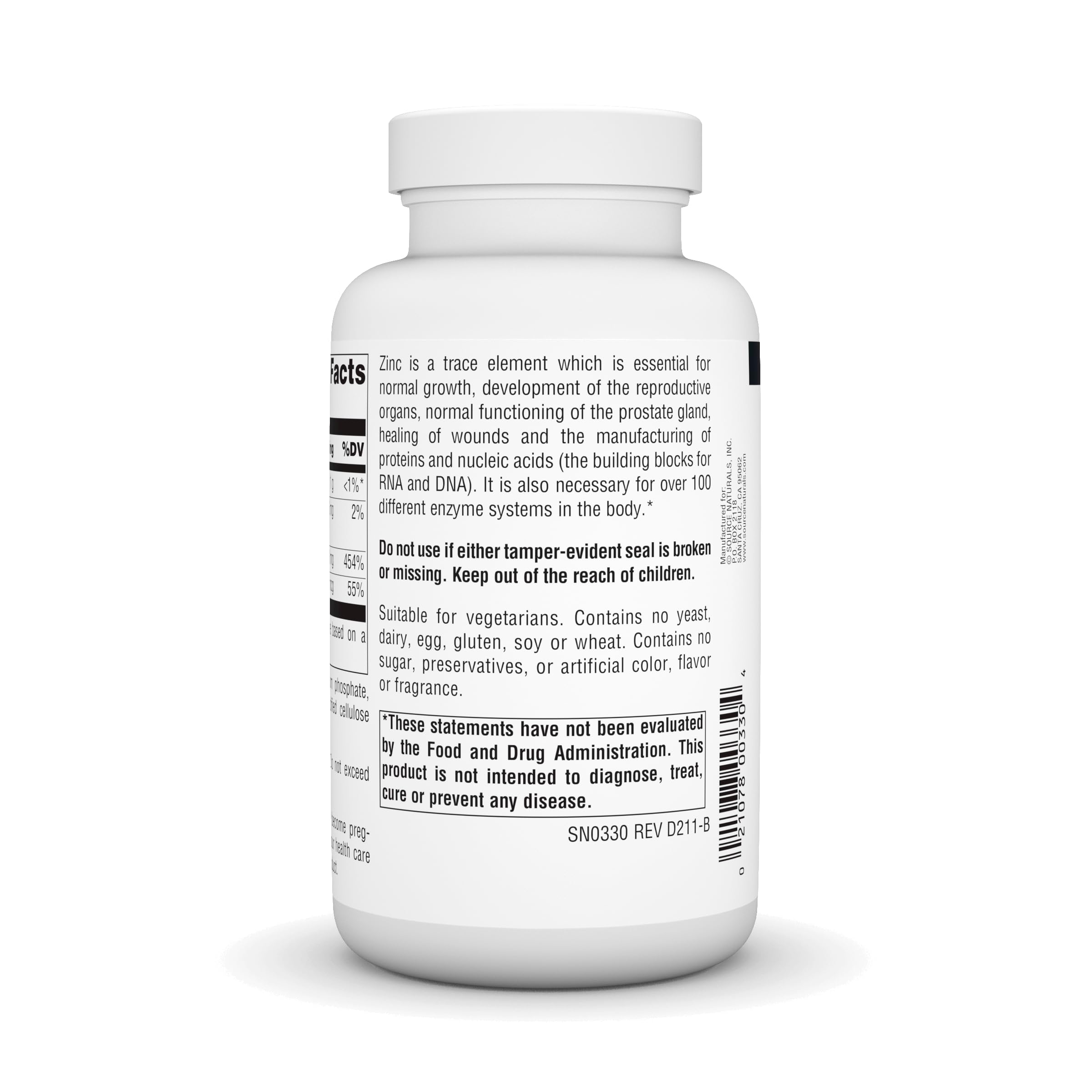 Source Naturals Zinc chelate 50 mg – comprimés fabriqués aux États‑Unis selon cGMP.