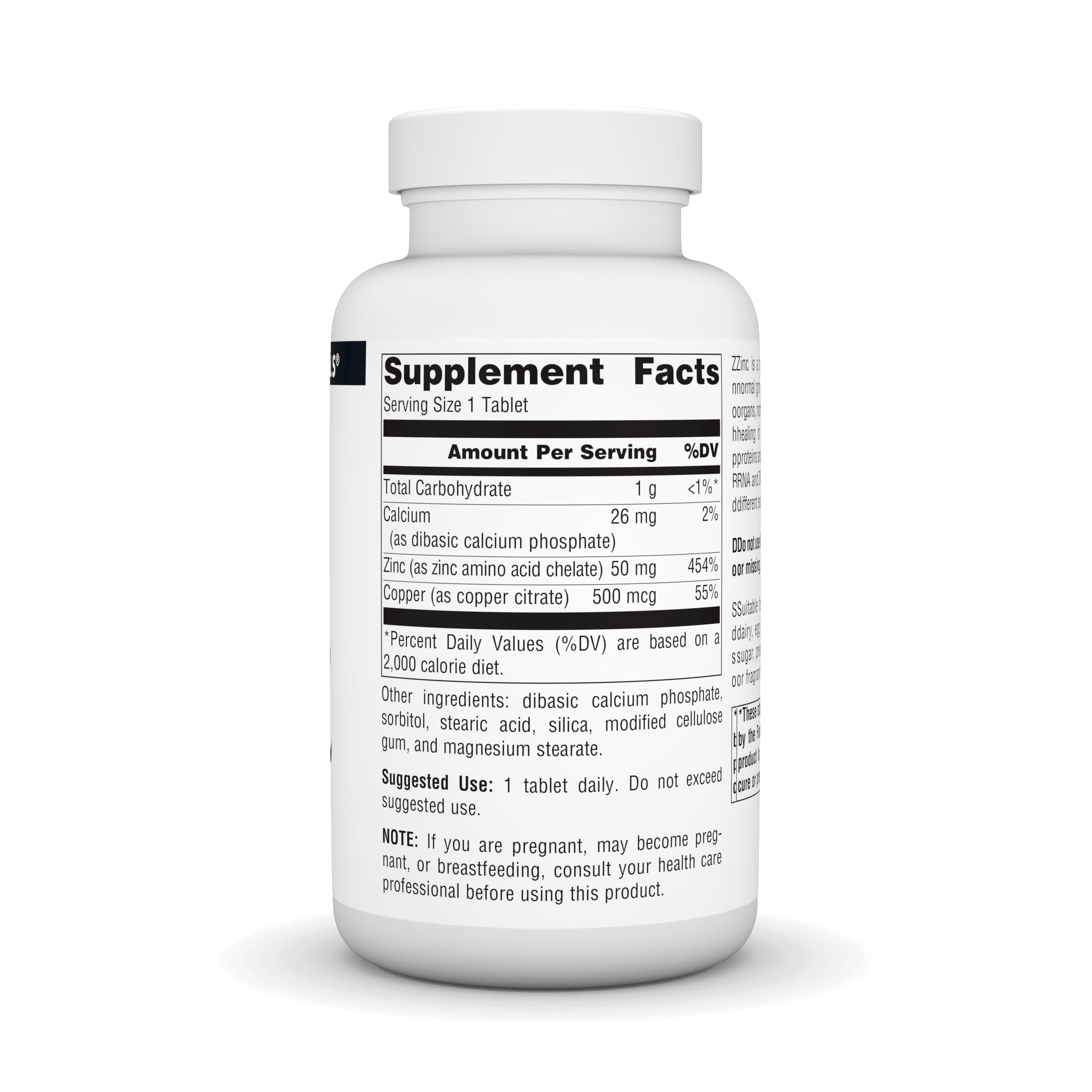 Source Naturals Zinc chelate 50 mg – emballage pratique pour dosage quotidien.