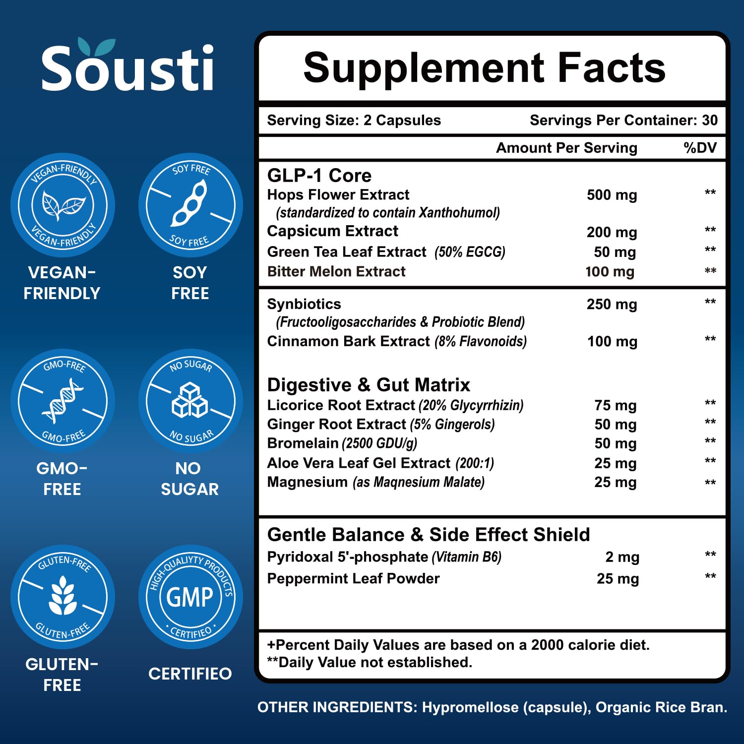 Étiquette Sousti GLP-1 indiquant ingrédients naturels et bénéfices potentiels.