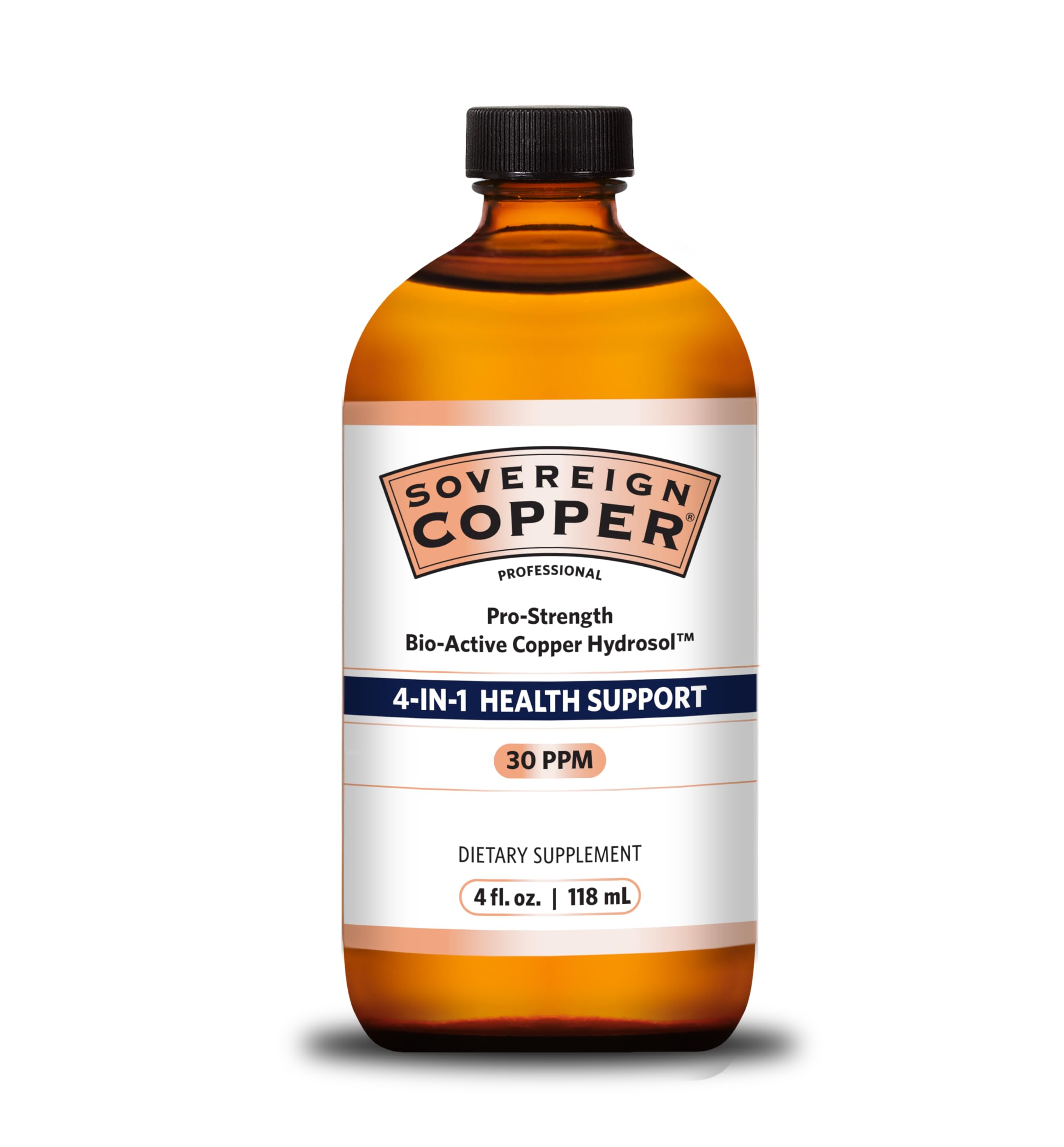 Sovereign Copper: bouteille et etiquette montrant l'hydrosol cuivre bioactif pour peau et ongles