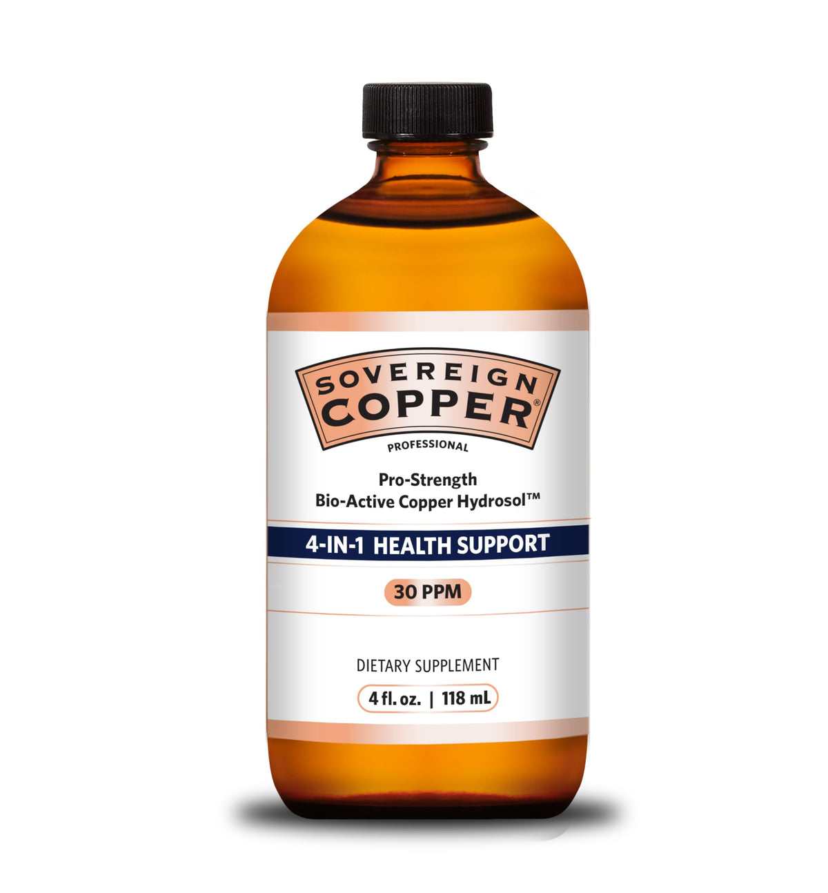 Sovereign Copper: bouteille et etiquette montrant l'hydrosol cuivre bioactif pour peau et ongles