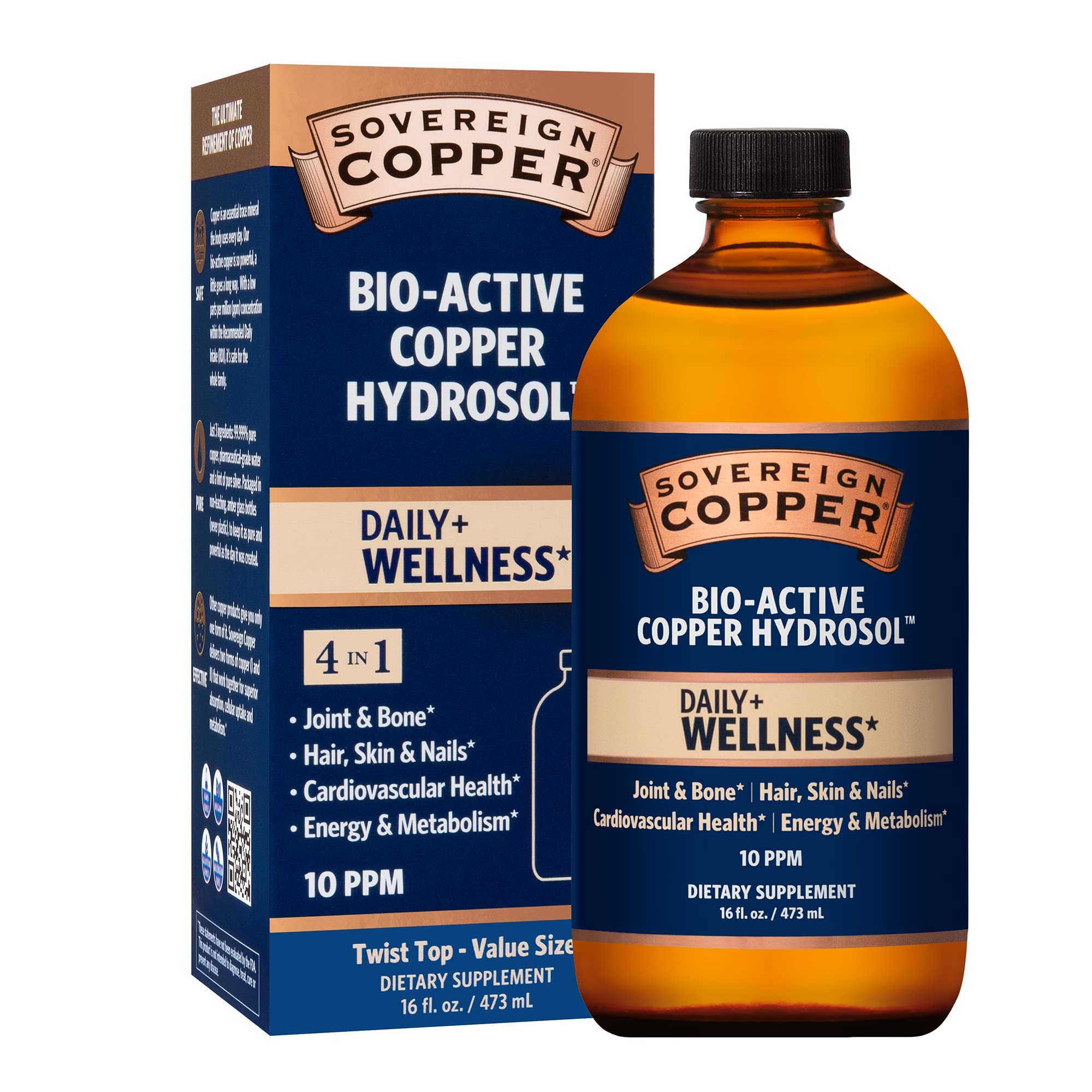 Sovereign Copper Hydrosol dans une bouteille en verre, pratique pour un apport quotidien.