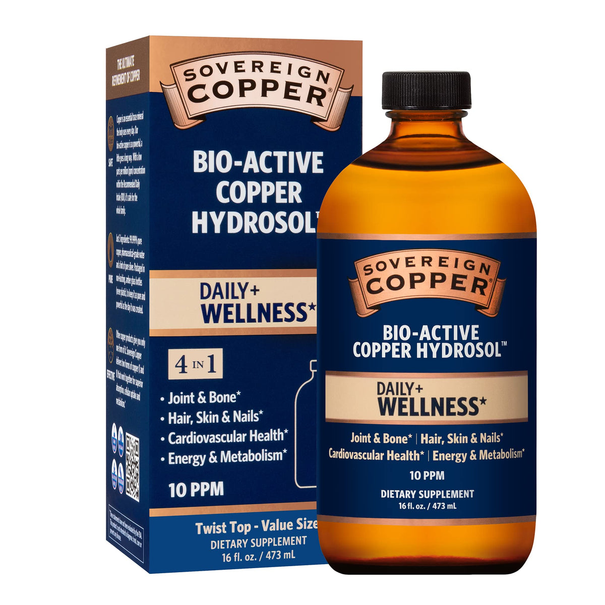 Sovereign Copper Hydrosol dans une bouteille en verre, pratique pour un apport quotidien.
