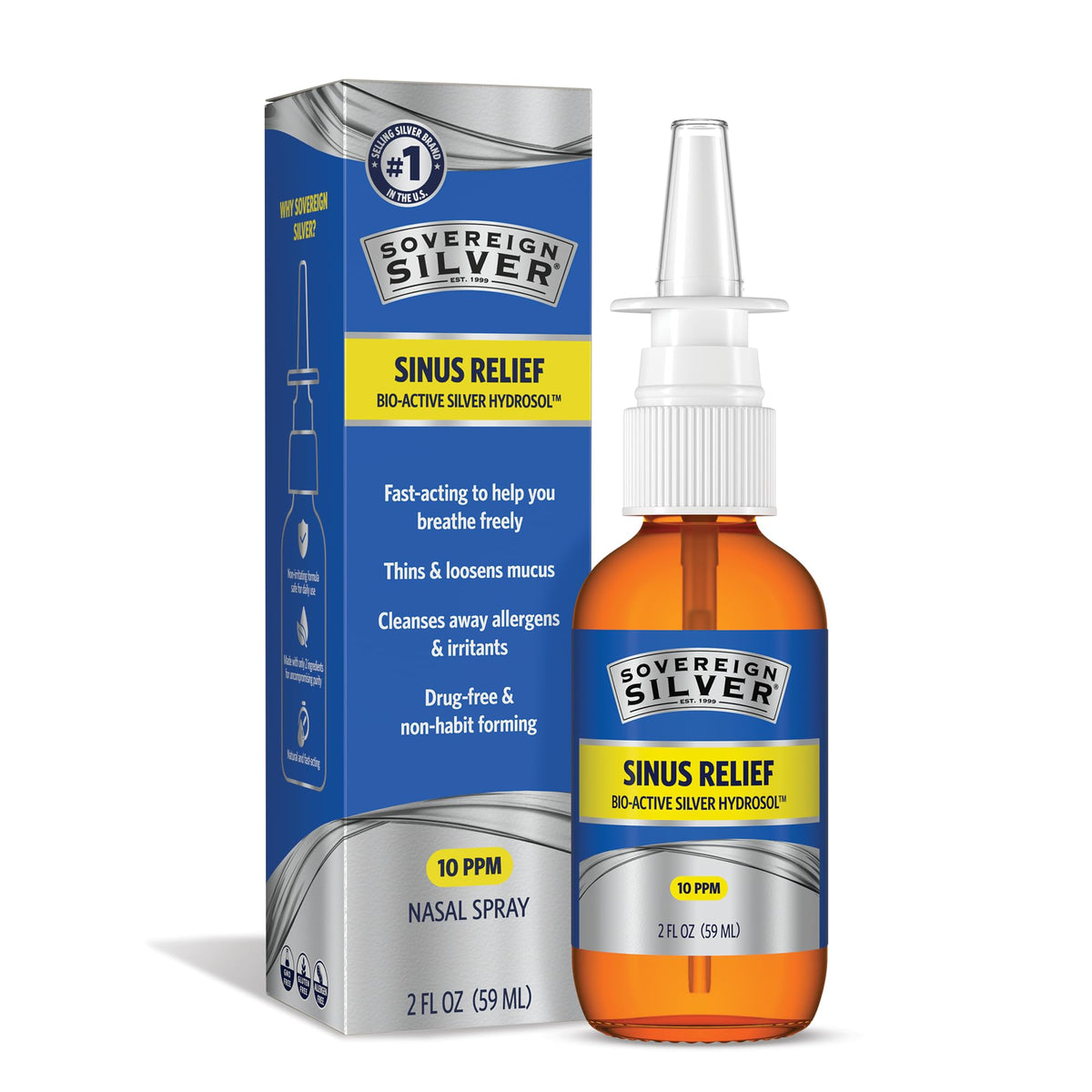 Spray nasal Sovereign Silver dans bouteille ambrée 59 ml pour un usage quotidien confortable.