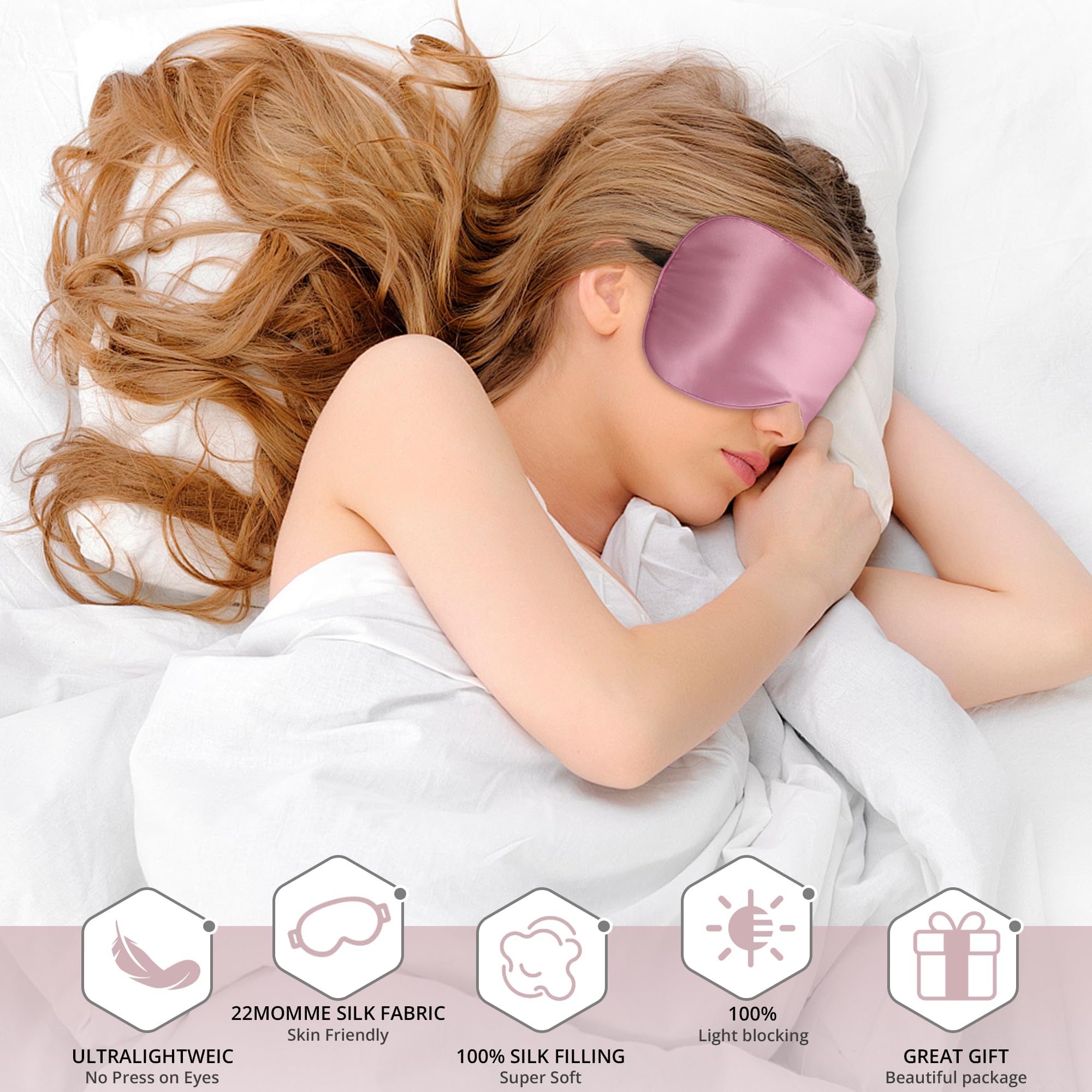 SpacePower masque soie rose 22momme, occultation lumineuse efficace pour mieux dormir