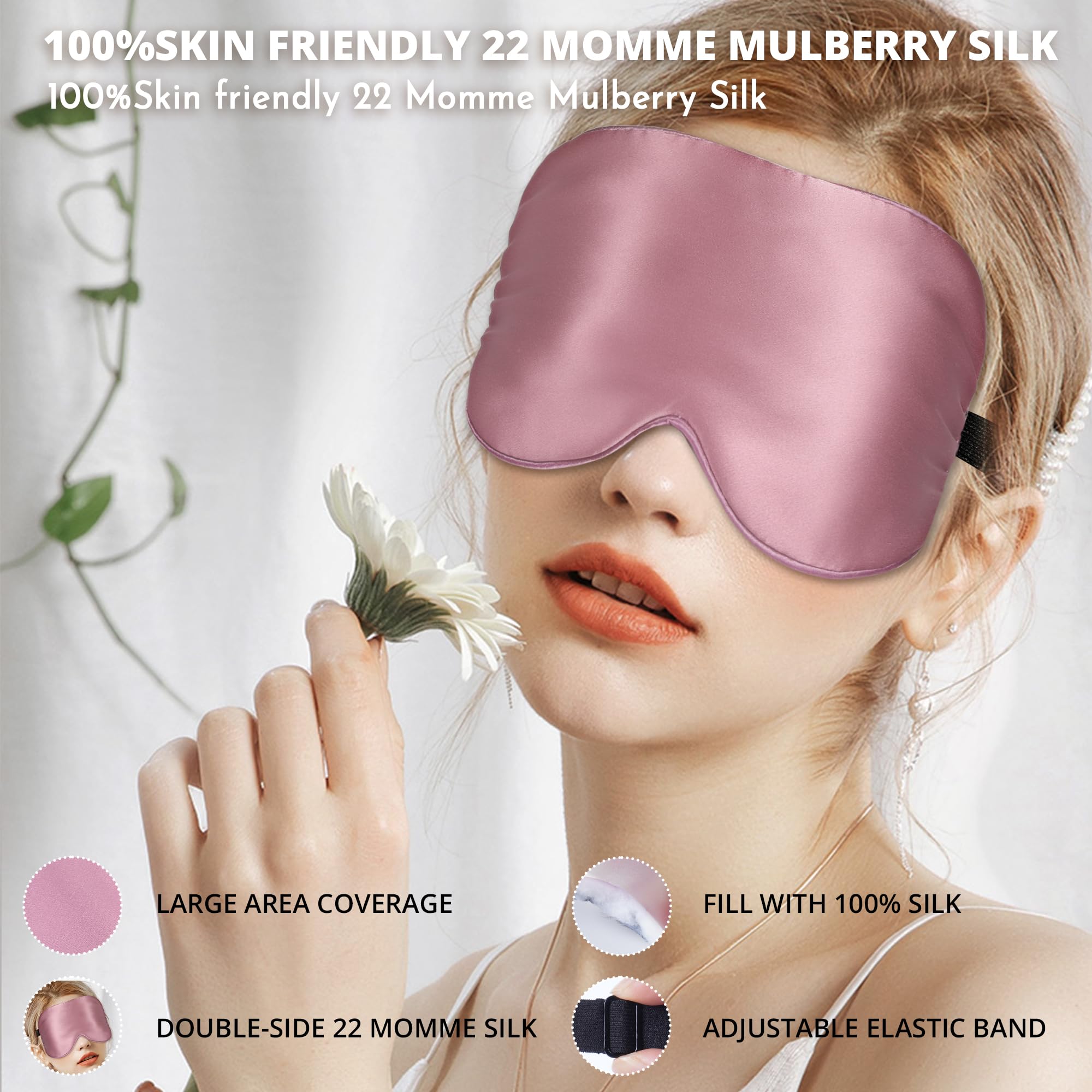 SpacePower masque soie rose 22momme, vue dos avec bandeau reglable
