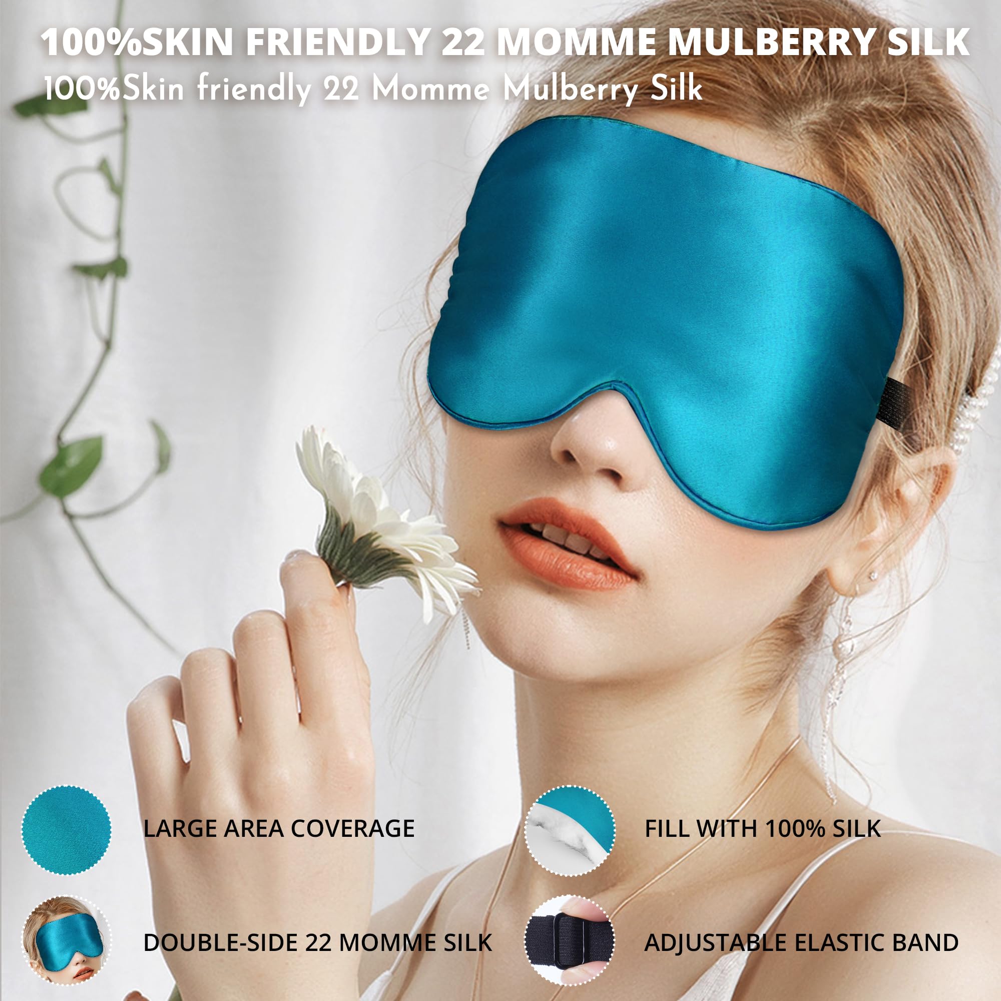 SpacePower masque en soie 22 mommes bleu paon — vue côté, bande réglable pour un ajustement confortable.