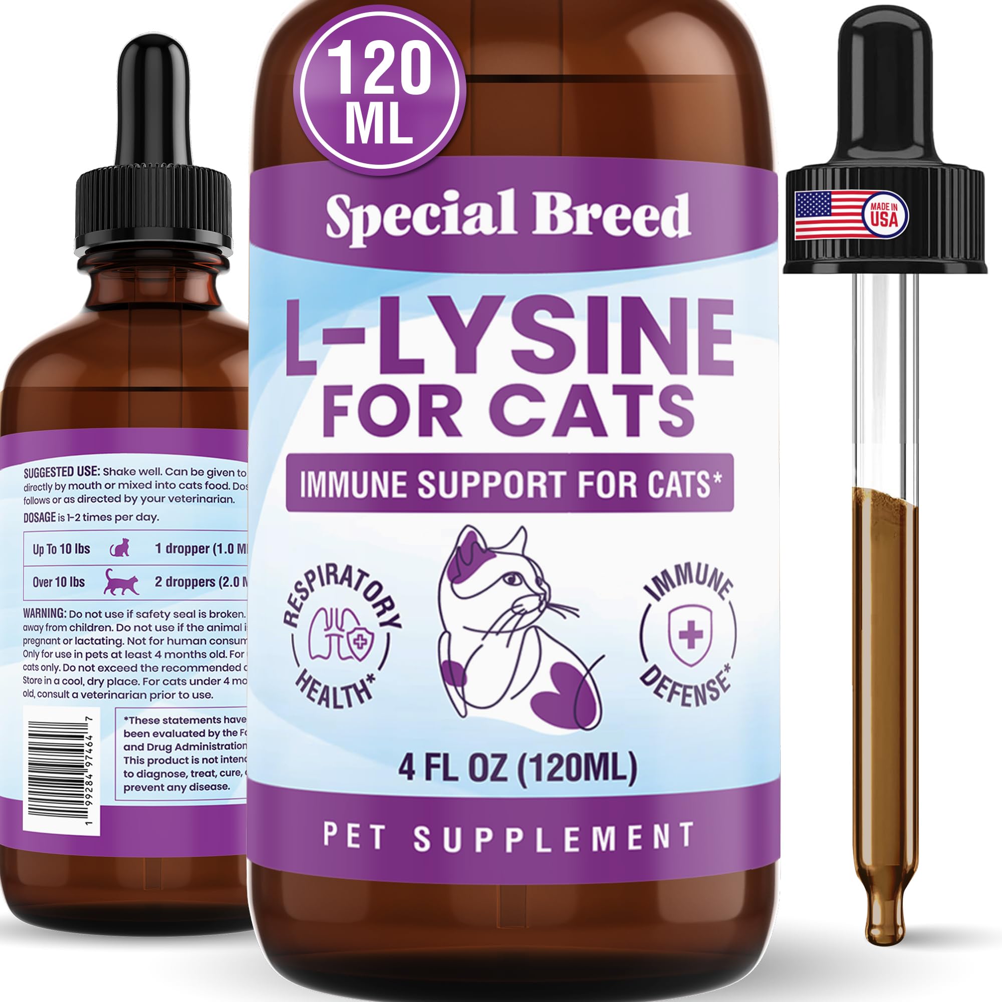 Special Breed L-Lysine pour chats – gouttes faciles à ajouter pour soutenir les défenses.