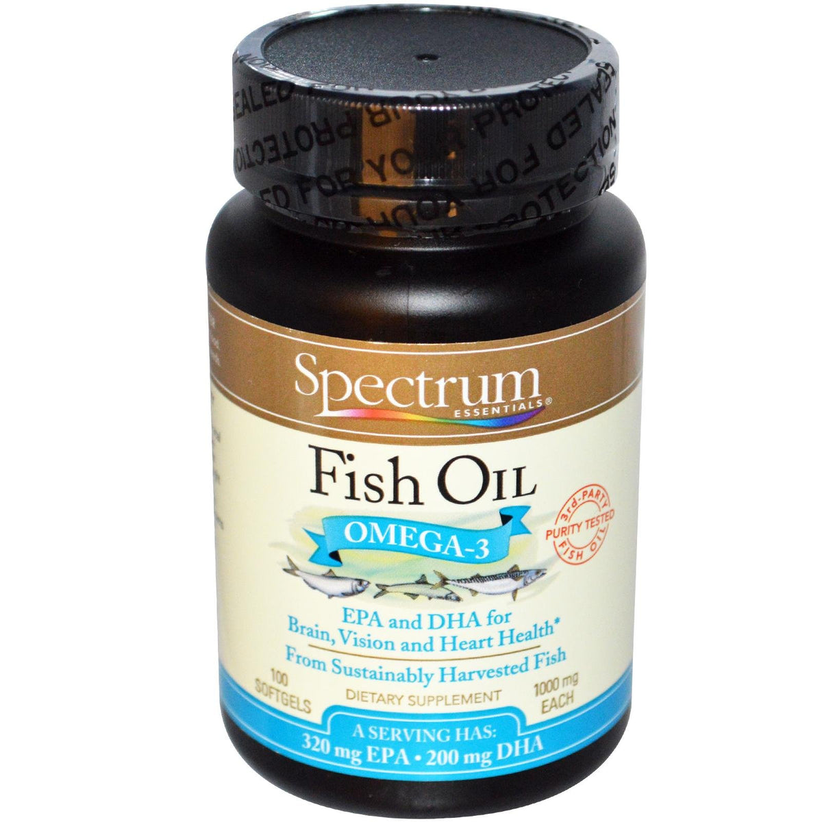 Spectrum Essentials huile de poisson oméga-3, bouteille, soutien nutritionnel quotidien.
