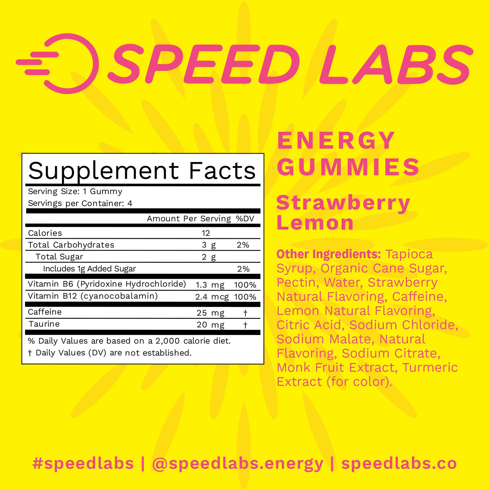 Ingrédients végan et sans gluten des gommes Speed Labs énergie fraise citron.