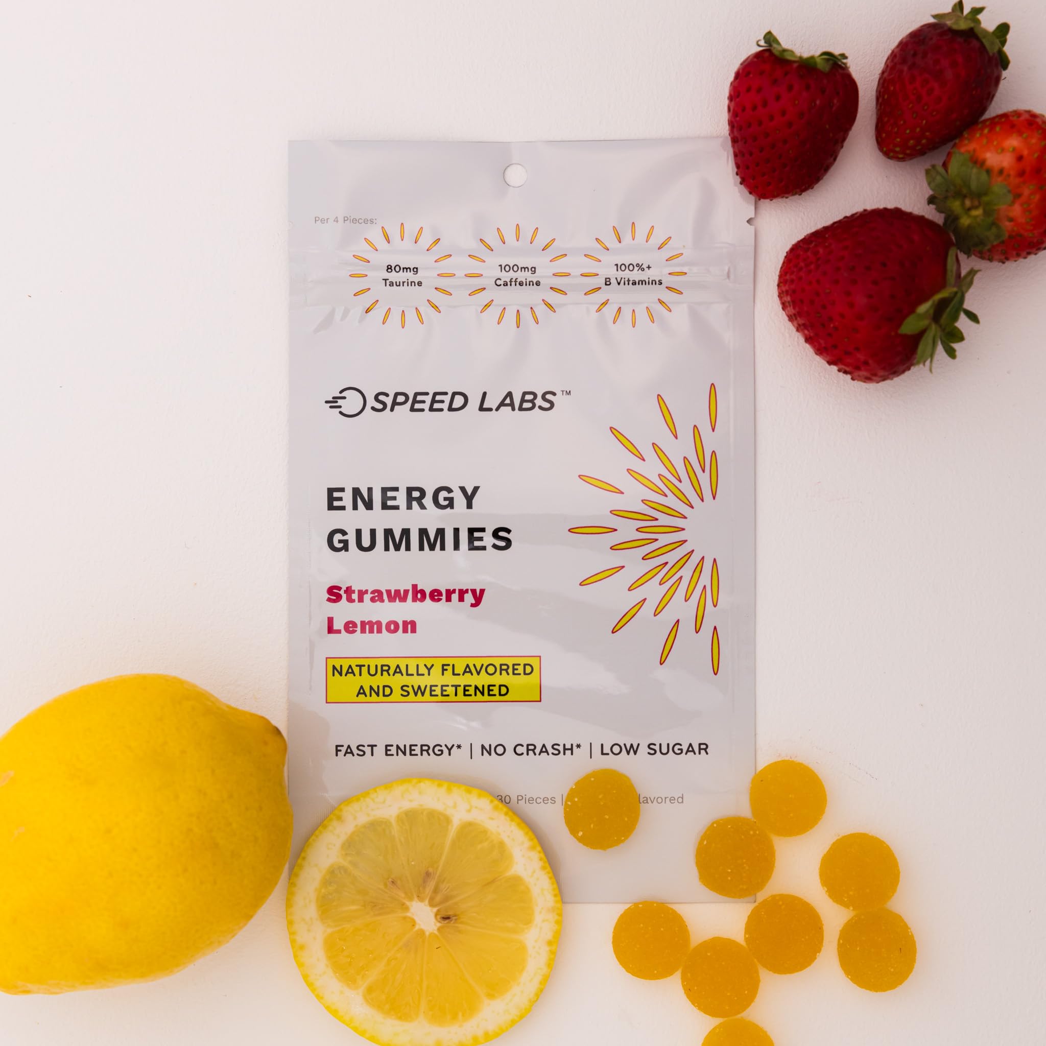 Taurine et vitamines B6/B12 dans les gommes Speed Labs énergie.