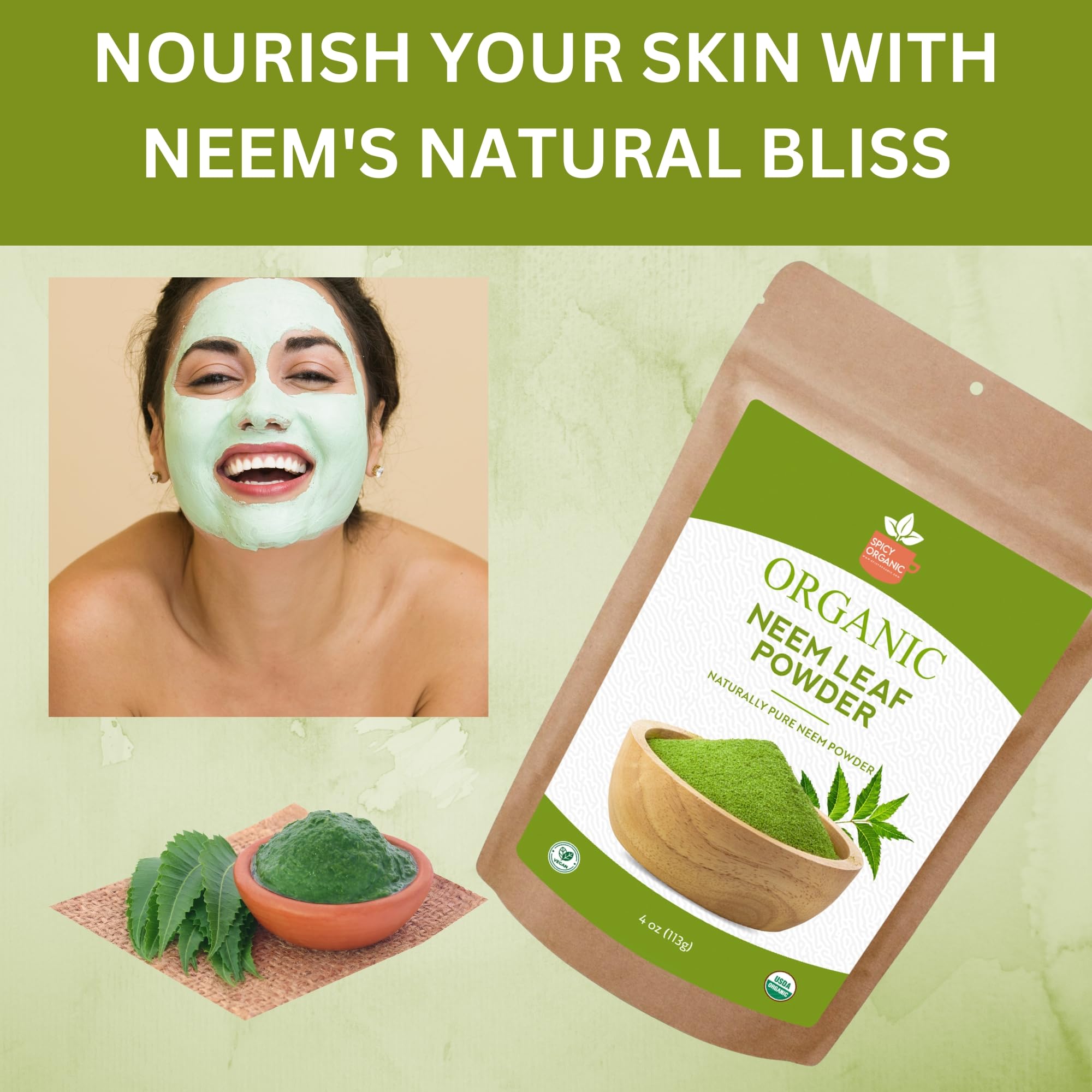 SPICY ORGANIC Neem Powder application externe pour peau sensible et hydratation.
