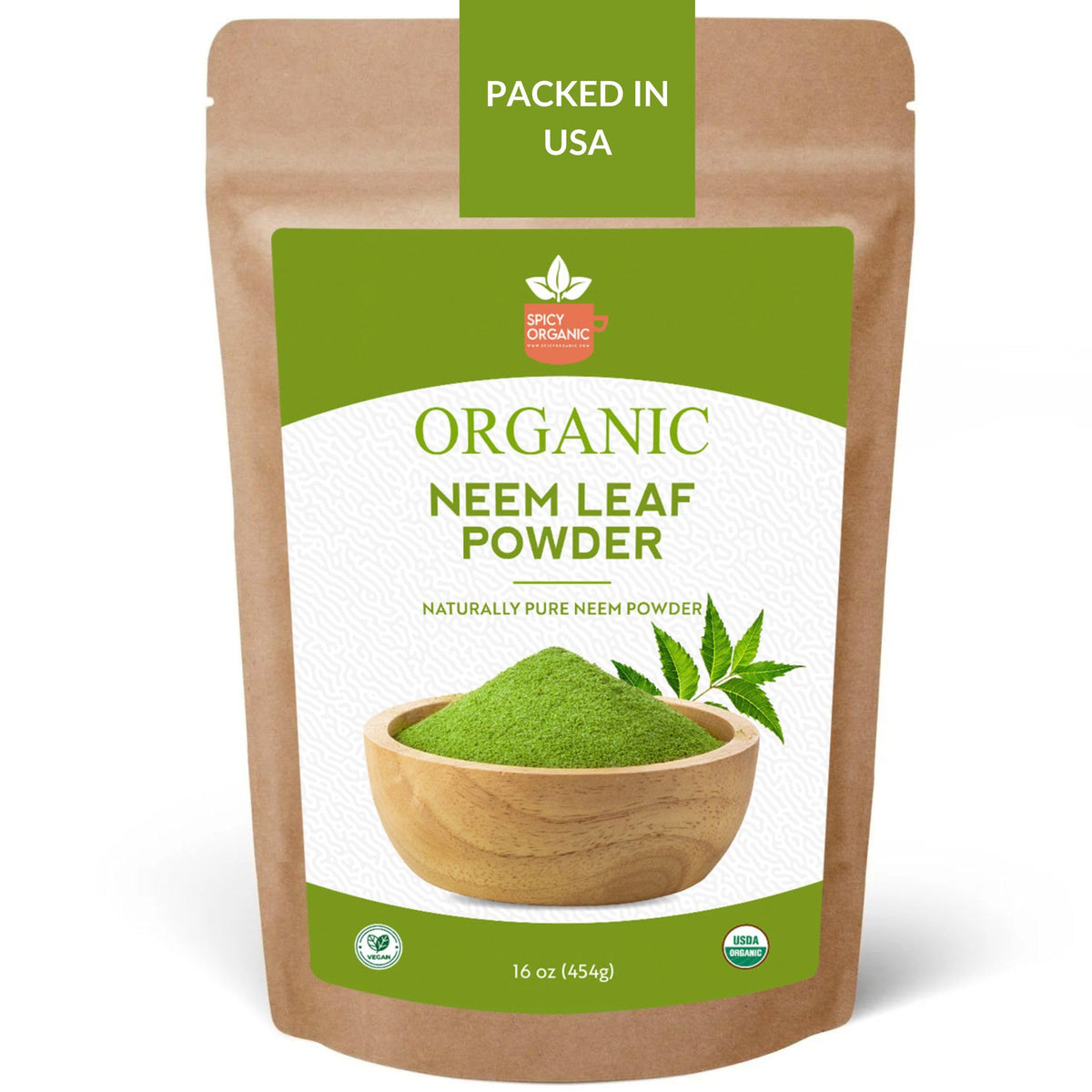 SPICY ORGANIC Neem Powder en bocal 16 oz, idéale pour cheveux et peau.