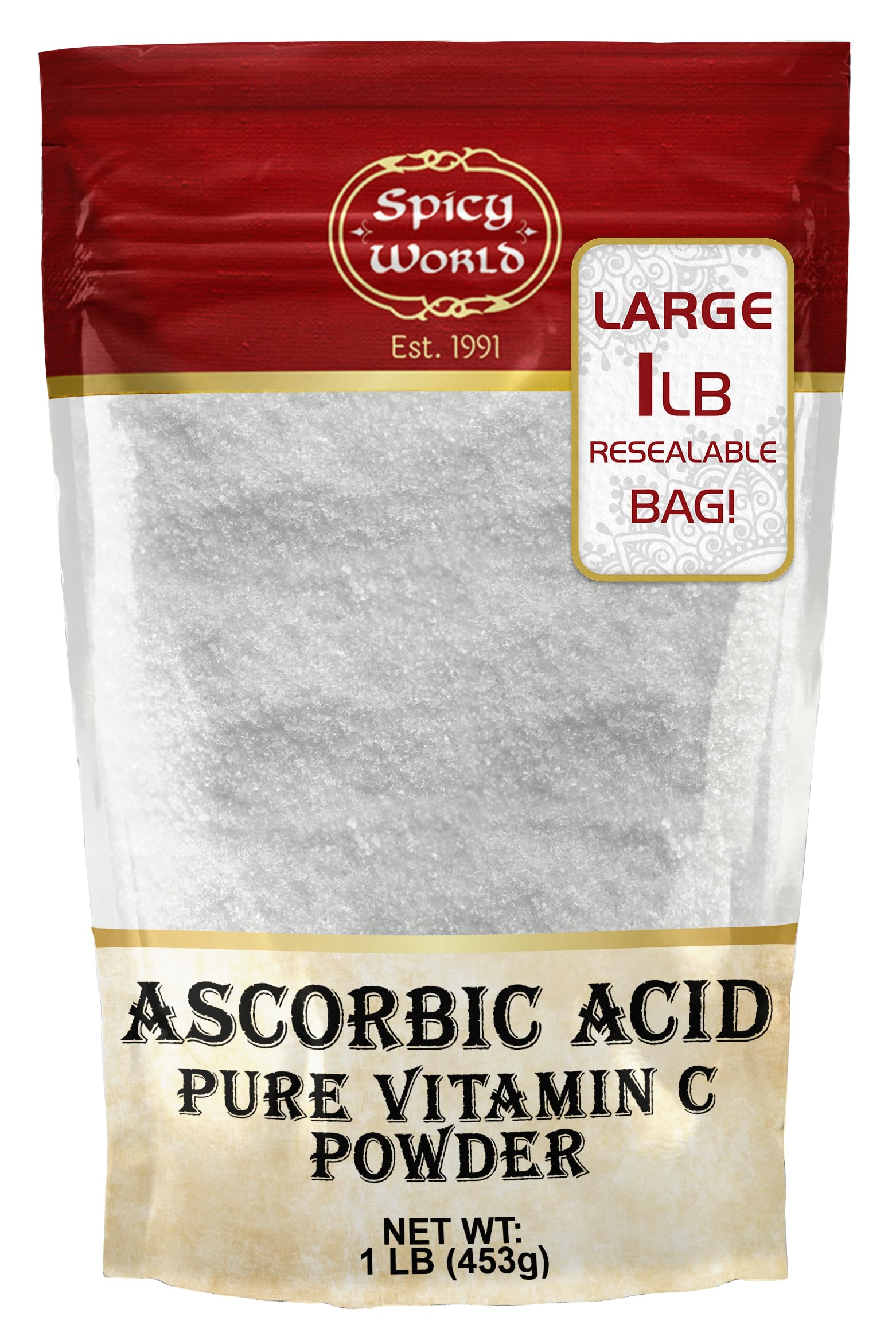 Poudre Spicy World d'acide ascorbique dans un sachet gros format pour stockage pratique.