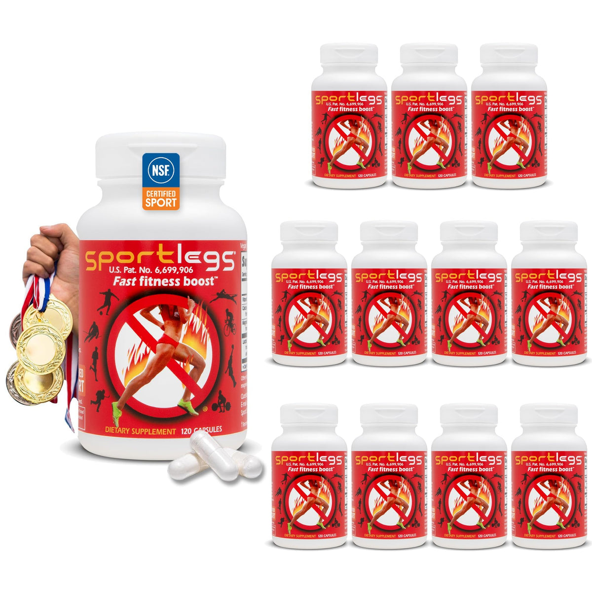 SPORTLEGS: bouteille de 120 capsules prête à booster l’endurance pendant l’entraînement.