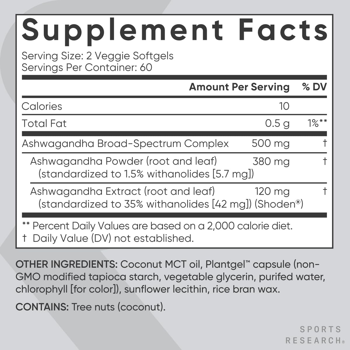 Étiquette et logo Sports Research Ashwagandha, produit végan et sans gluten