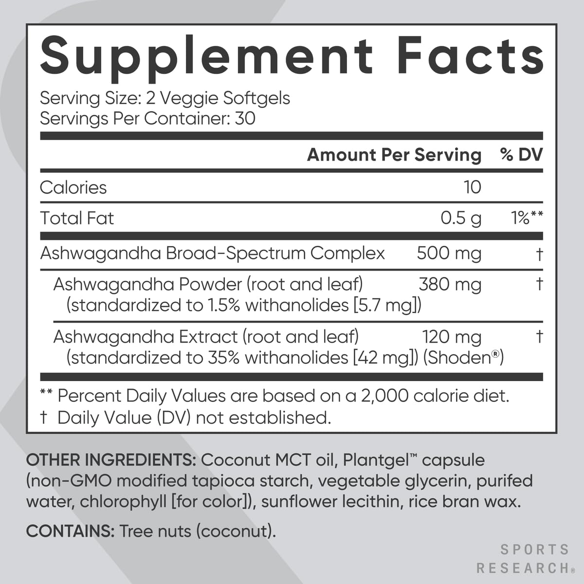 Formulation huile MCT coco associée à Sports Research Ashwagandha Softgels pour absorption.