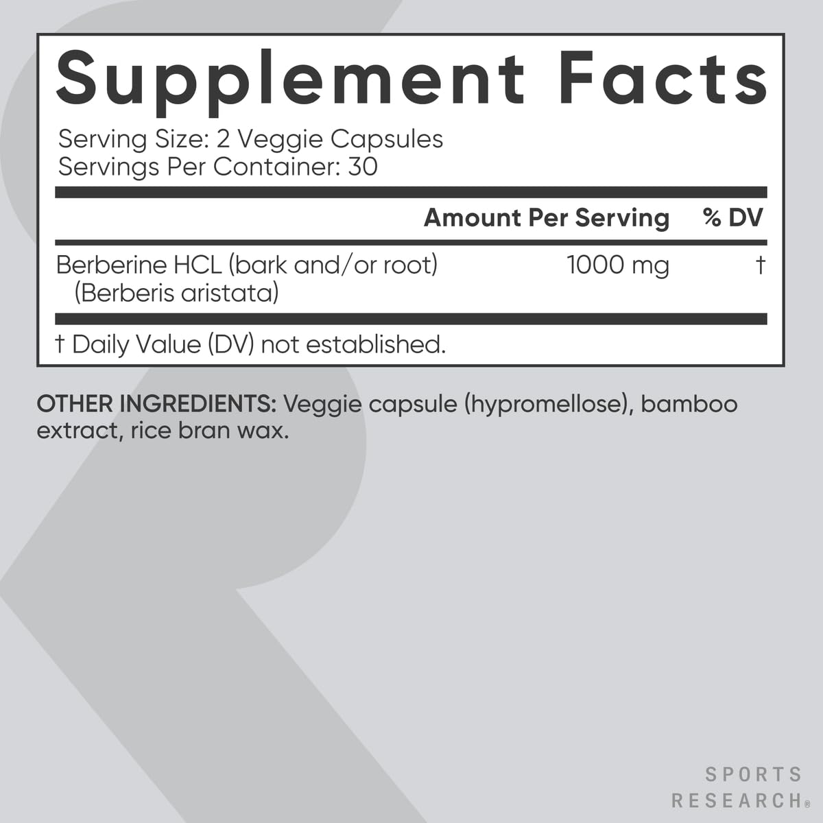 Sports Research Berberine - bouteille moderne, etiquette sans gluten et sans OGM.