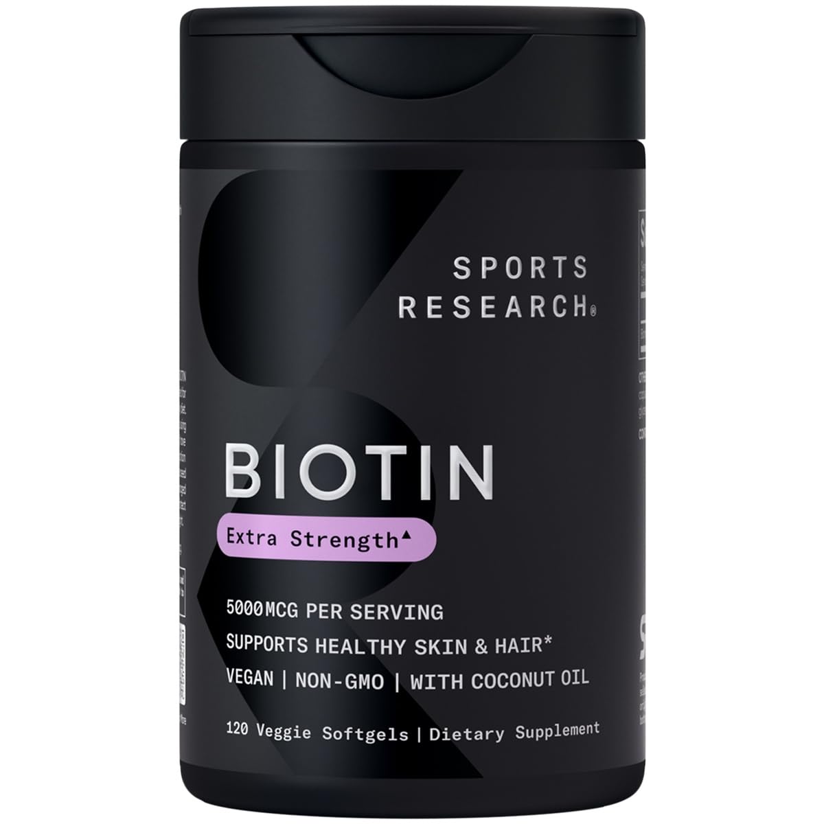 Sports Research Biotin 5000mcg — bouteille visible, soutien potentiel à l'énergie quotidienne.