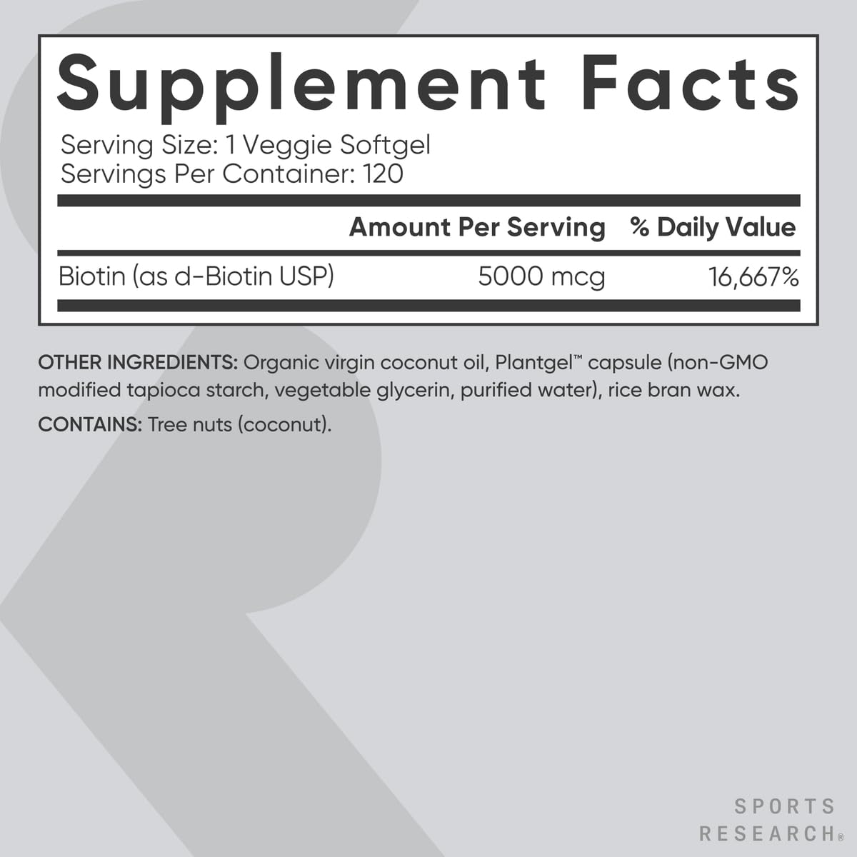 Sports Research Biotin 5000mcg — sceau vegan et capsule PlantGel sans OGM.