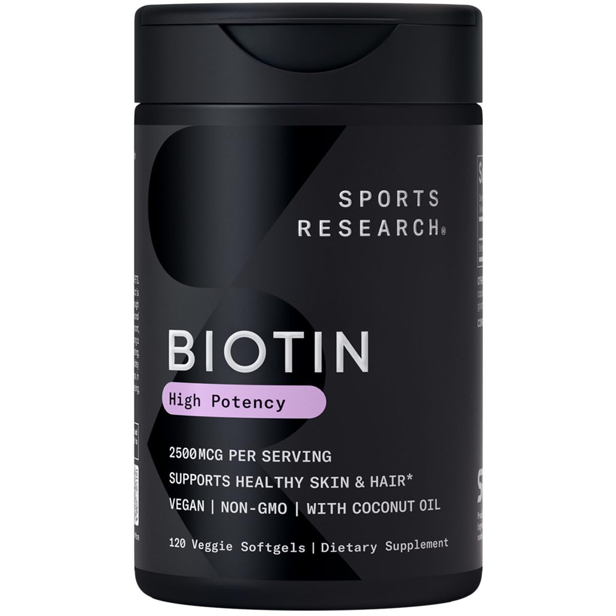Sports Research Biotine bouteille : flacon clair, prise quotidienne facile.