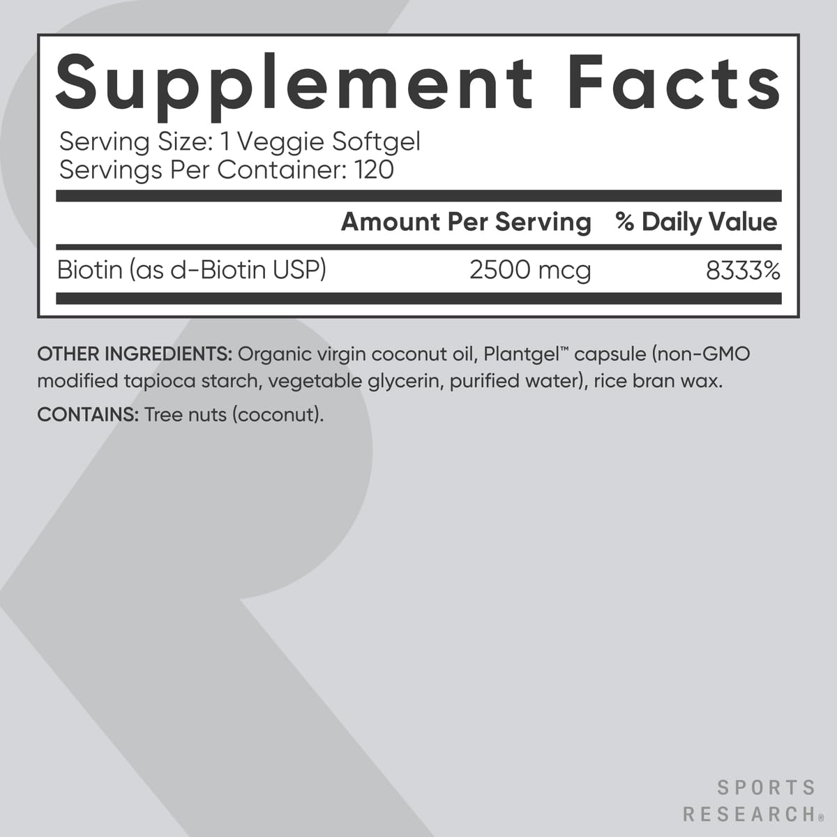 Sports Research Biotine emballage et dosage : informations claires sur le flacon.