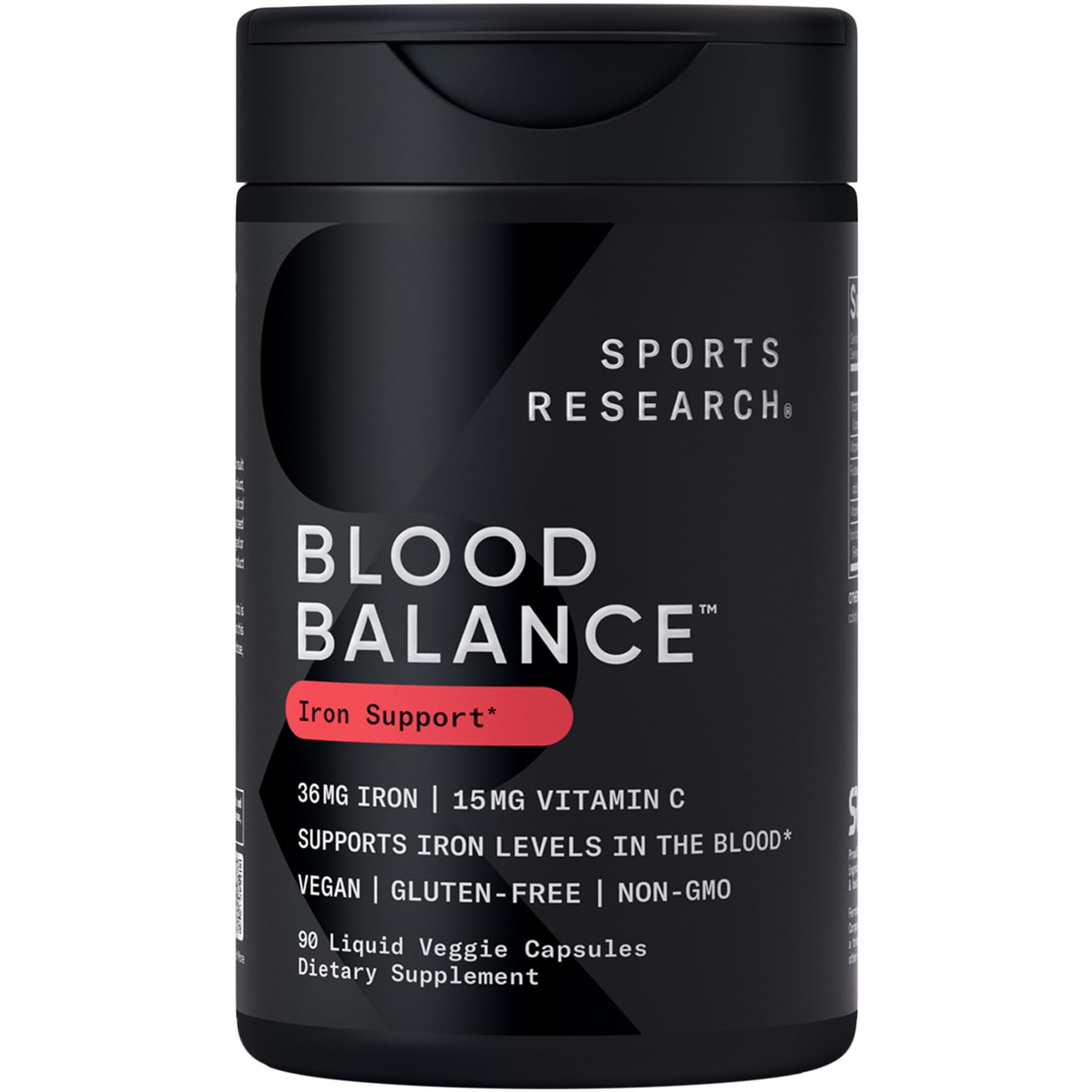 Sports Research Blood Balance – bouteille de capsules indiquant fer et vitamine C pour l absorption