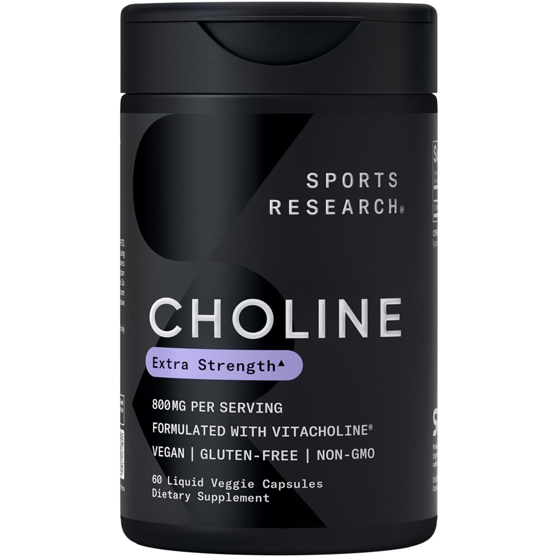 Sports Research Choline: bouteille de 60 capsules pour une concentration potentielle.
