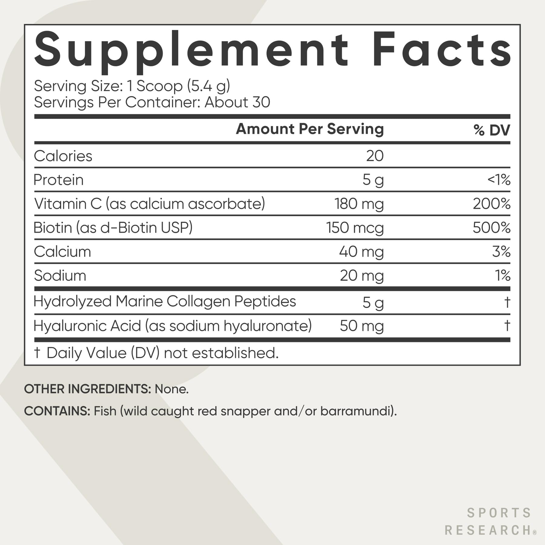 Sports Research Collagen Beauty, certifications sans OGM et pescatarien pour un choix alimentaire sûr.