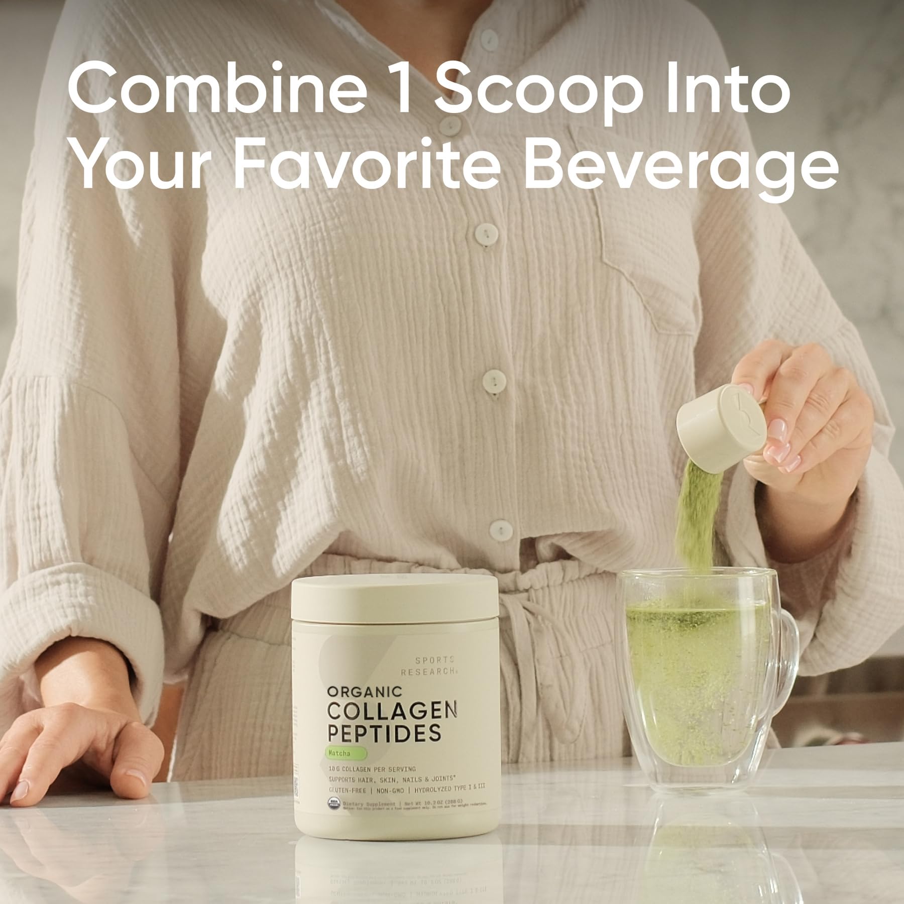 Sports Research Collagen Matcha: mélange latte riche et sans sucre.
