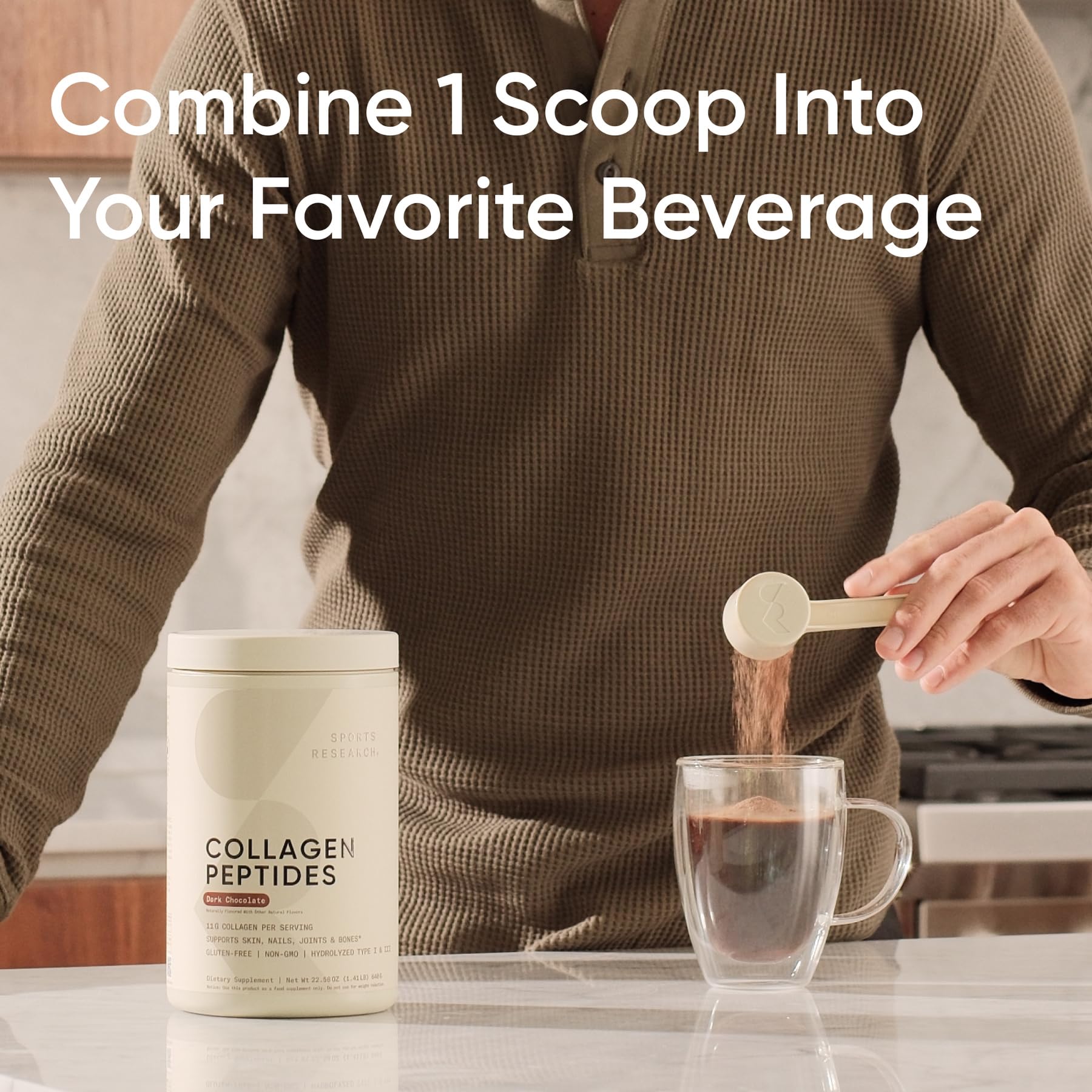 Sports Research Collagen peptides dans café du matin pour démarrer la journée.