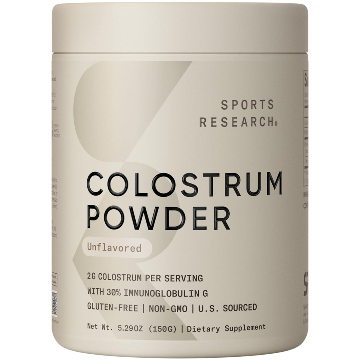 Sports Research Colostrum Poudre dans la bouteille, apport quotidien pratique.