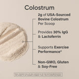 Sports Research Colostrum Poudre versée dans un verre d eau frais.